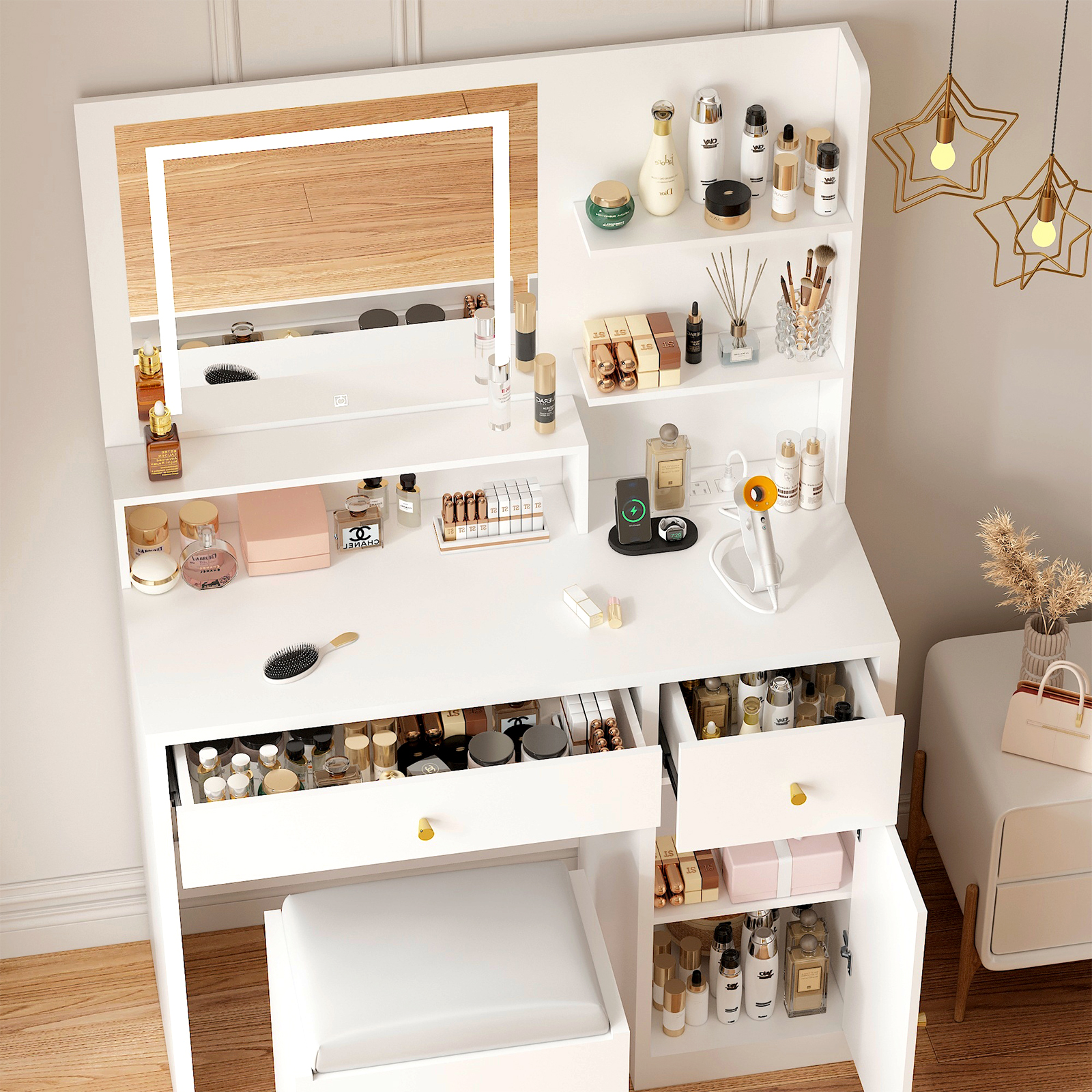 ChVans Black Vanity Desk with LED Light Mirror & Power Outlet, LED Makeup Table with 3 Shelves & 2 Drawers & 3 Level Adjustable Cabinet/Makeup Vanity Stool for Women, Girls