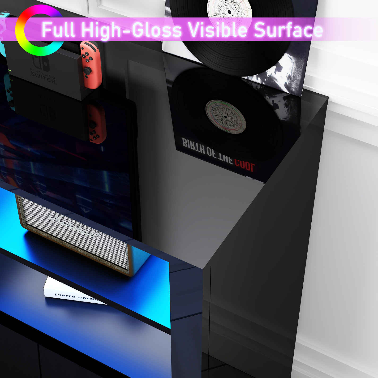 70" LED TV Stand for up to 80" TVs, 32" High Modern Entertainment Center with 4-Doors Cabinet & 6 Shelves to Storage