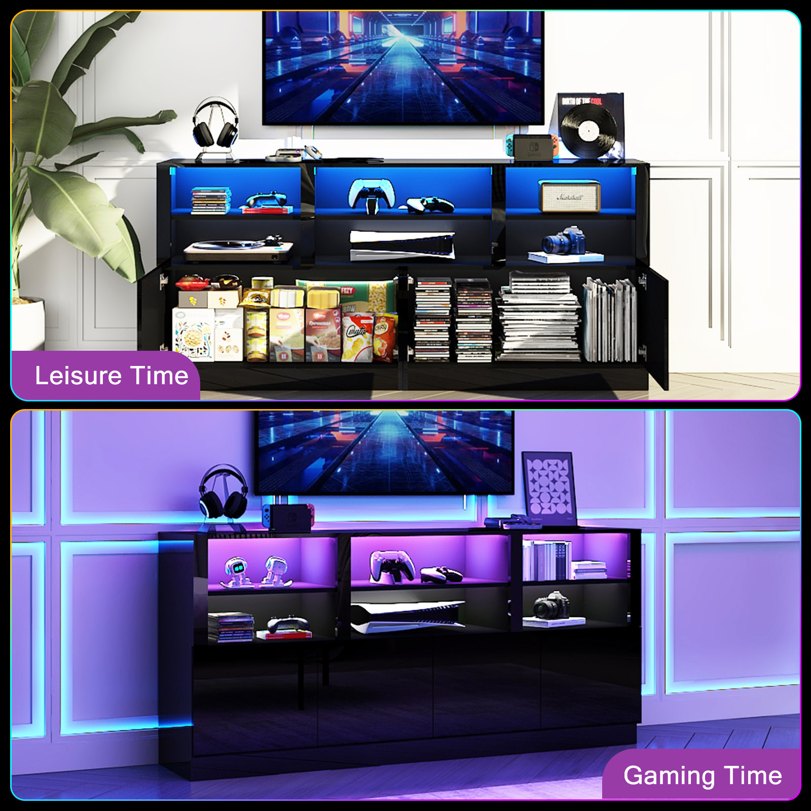 70" LED TV Stand for up to 80" TVs, 32" High Modern Entertainment Center with 4-Doors Cabinet & 6 Shelves to Storage