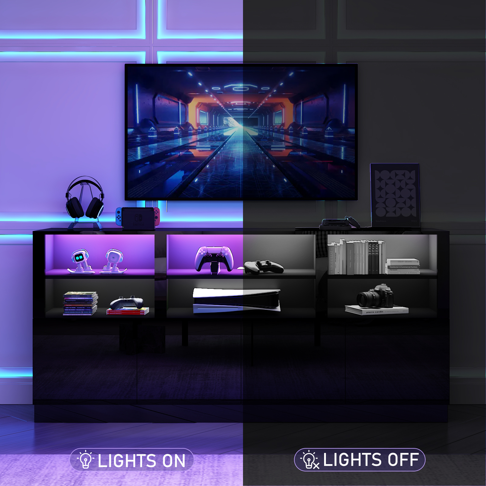 70" LED TV Stand for up to 80" TVs, 32" High Modern Entertainment Center with 4-Doors Cabinet & 6 Shelves to Storage