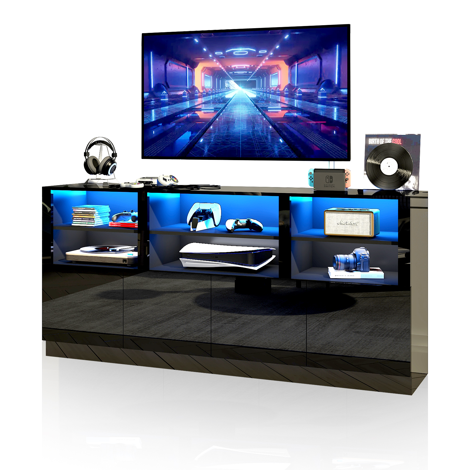 70" LED TV Stand for up to 80" TVs, 32" High Modern Entertainment Center with 4-Doors Cabinet & 6 Shelves to Storage