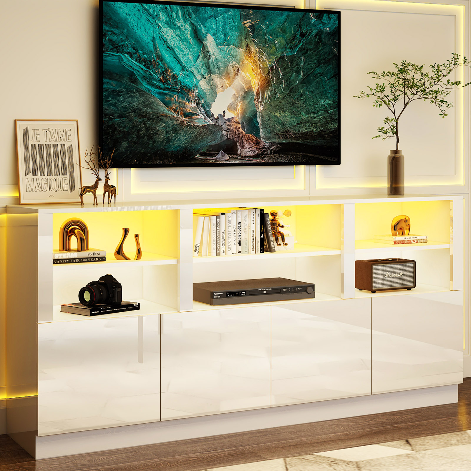 70" LED TV Stand for up to 80" TVs, 32" High Modern Entertainment Center with 4-Doors Cabinet & 6 Shelves to Storage