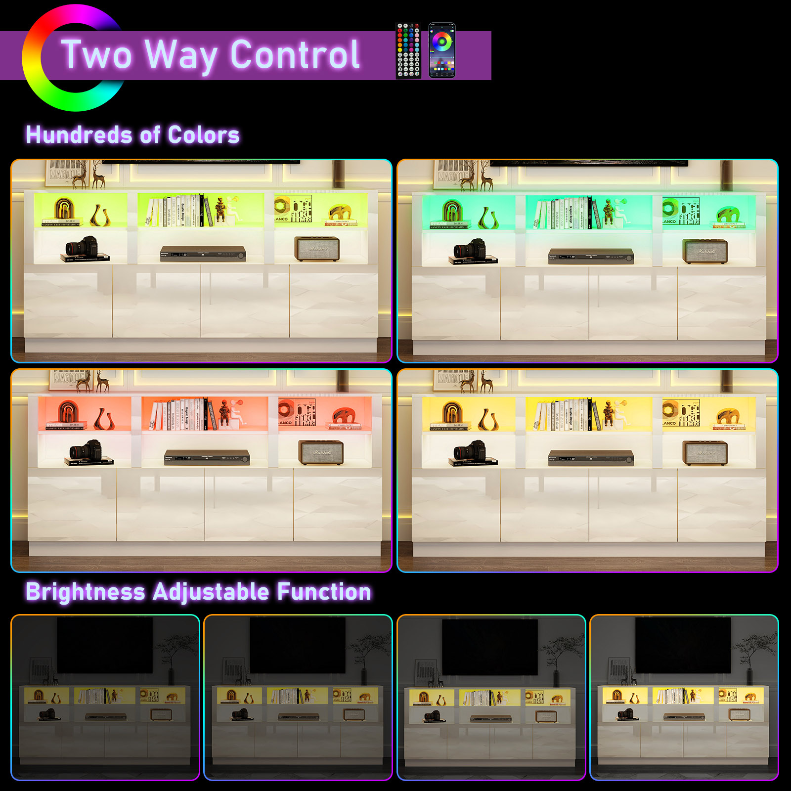 70" LED TV Stand for up to 80" TVs, 32" High Modern Entertainment Center with 4-Doors Cabinet & 6 Shelves to Storage