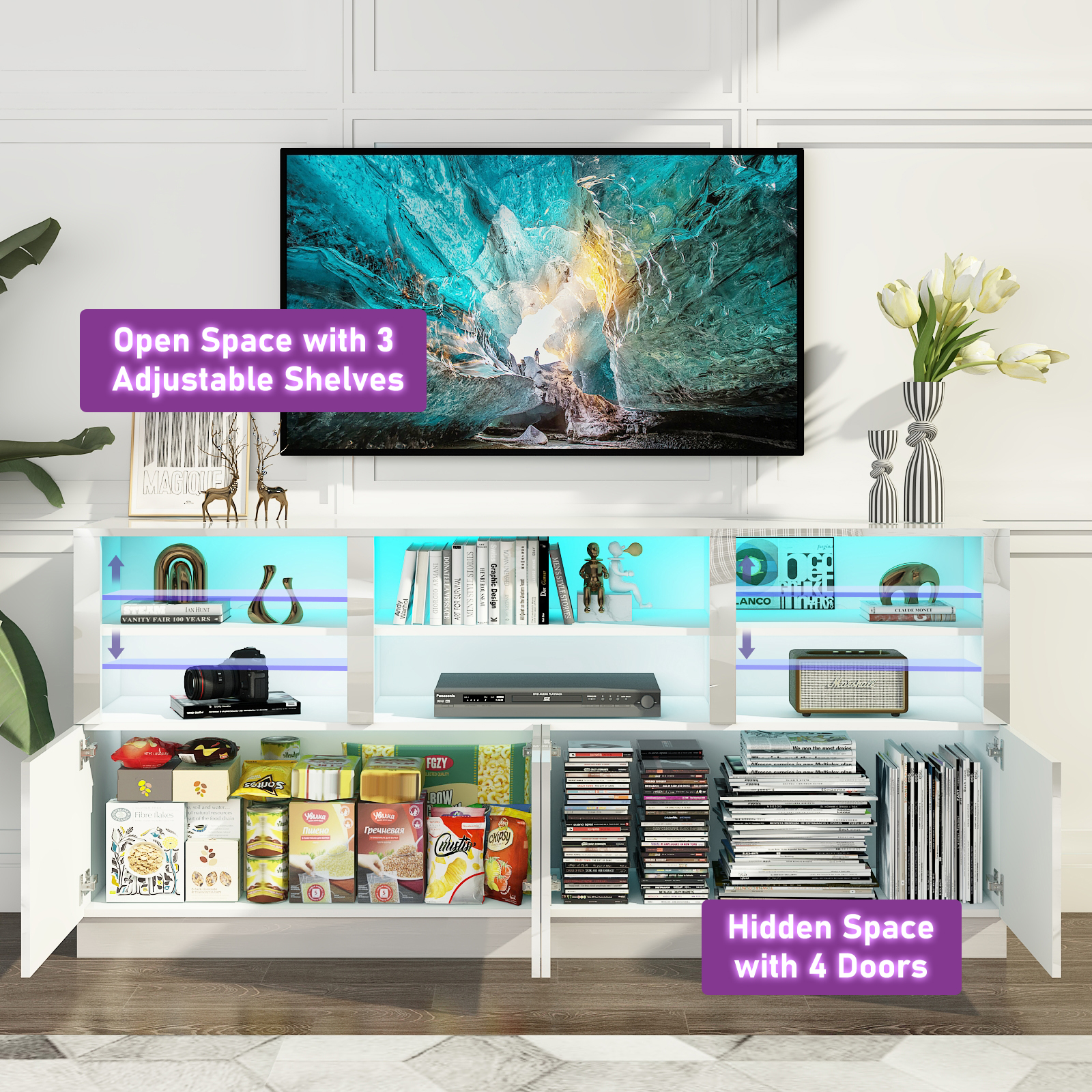 70" LED TV Stand for up to 80" TVs, 32" High Modern Entertainment Center with 4-Doors Cabinet & 6 Shelves to Storage