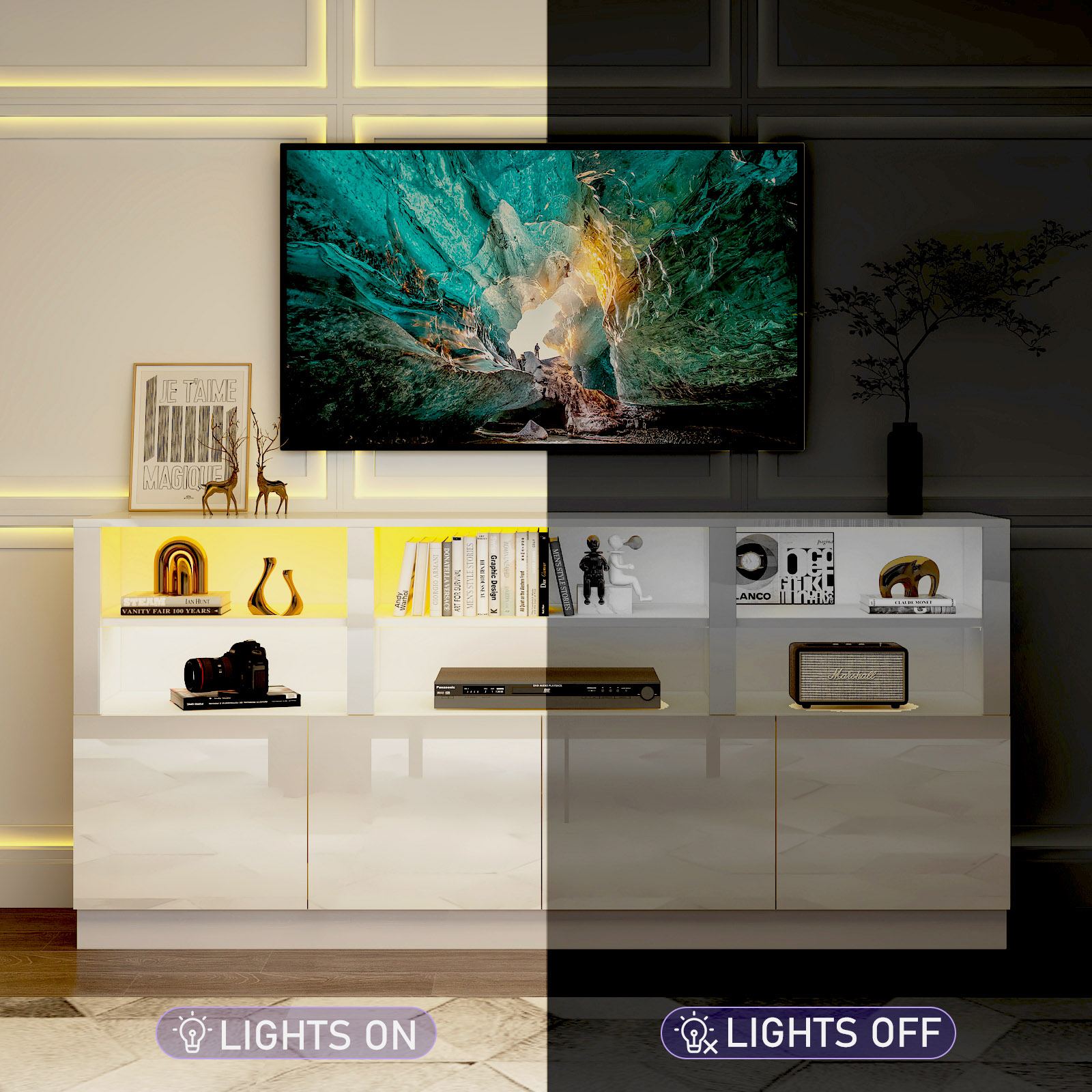 70" LED TV Stand for up to 80" TVs, 32" High Modern Entertainment Center with 4-Doors Cabinet & 6 Shelves to Storage