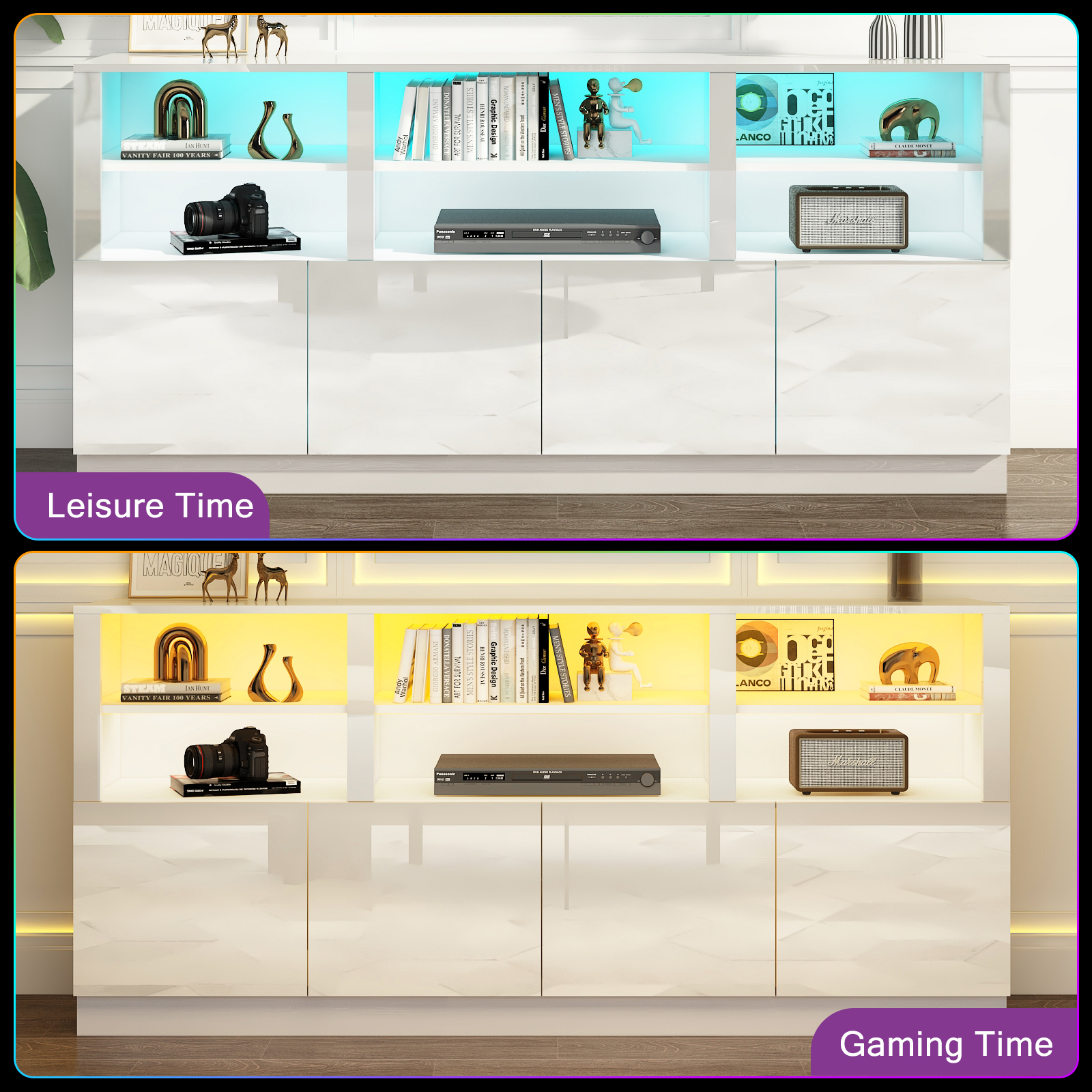 70" LED TV Stand for up to 80" TVs, 32" High Modern Entertainment Center with 4-Doors Cabinet & 6 Shelves to Storage