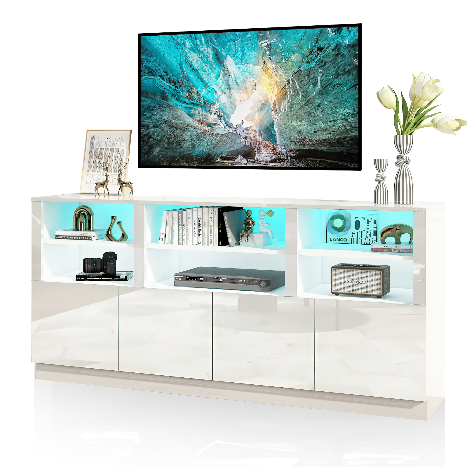 70" LED TV Stand for up to 80" TVs, 32" High Modern Entertainment Center with 4-Doors Cabinet & 6 Shelves to Storage