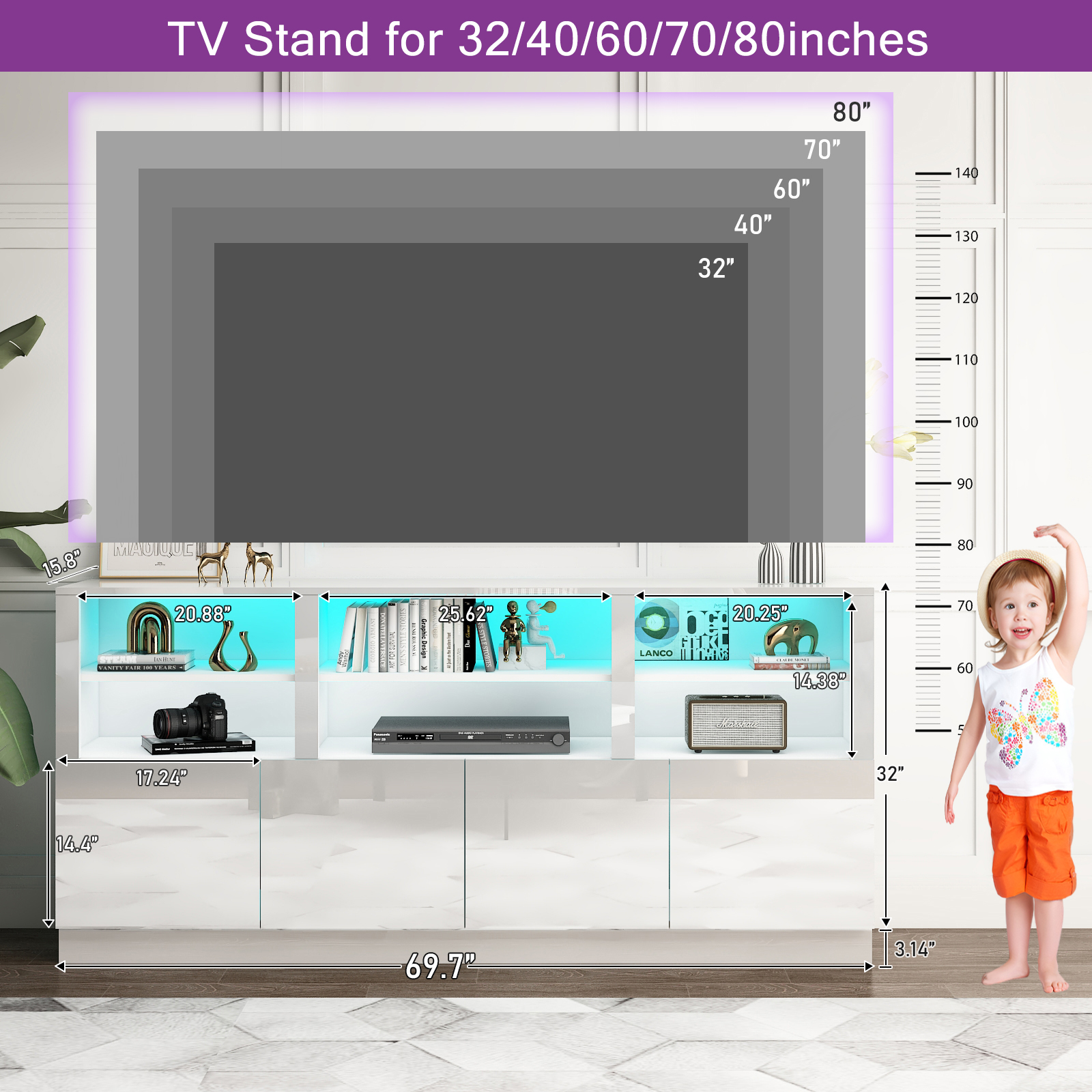 70" LED TV Stand for up to 80" TVs, 32" High Modern Entertainment Center with 4-Doors Cabinet & 6 Shelves to Storage