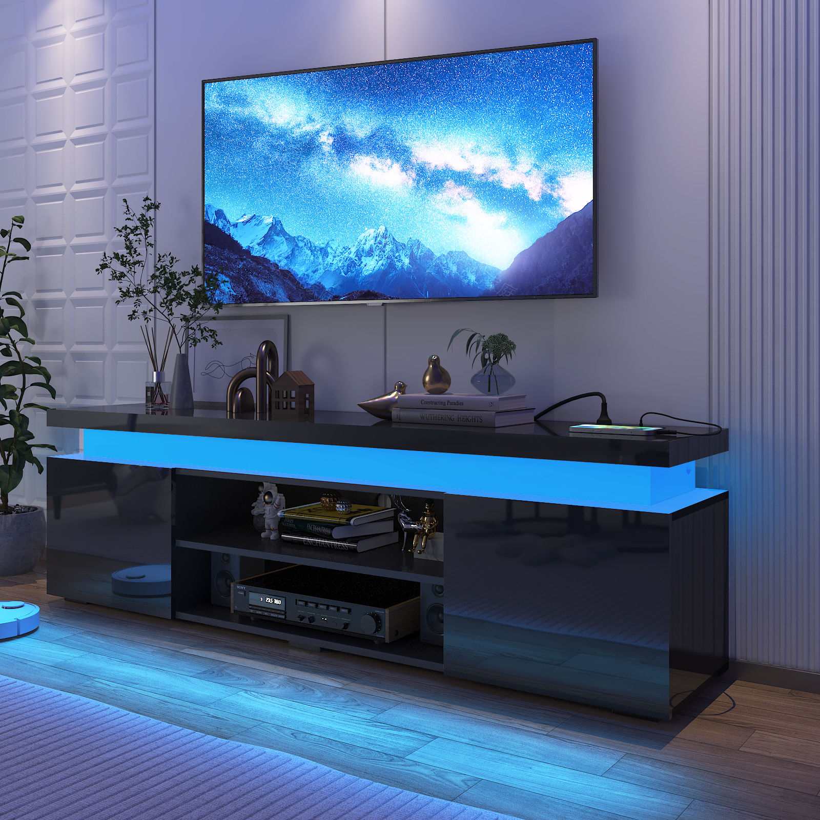 LED TV Stand with Power Outlets for TVs up to 75", High Gloss Media Console for PS5 Gaming Entertainment Center with Storage Cabinet
