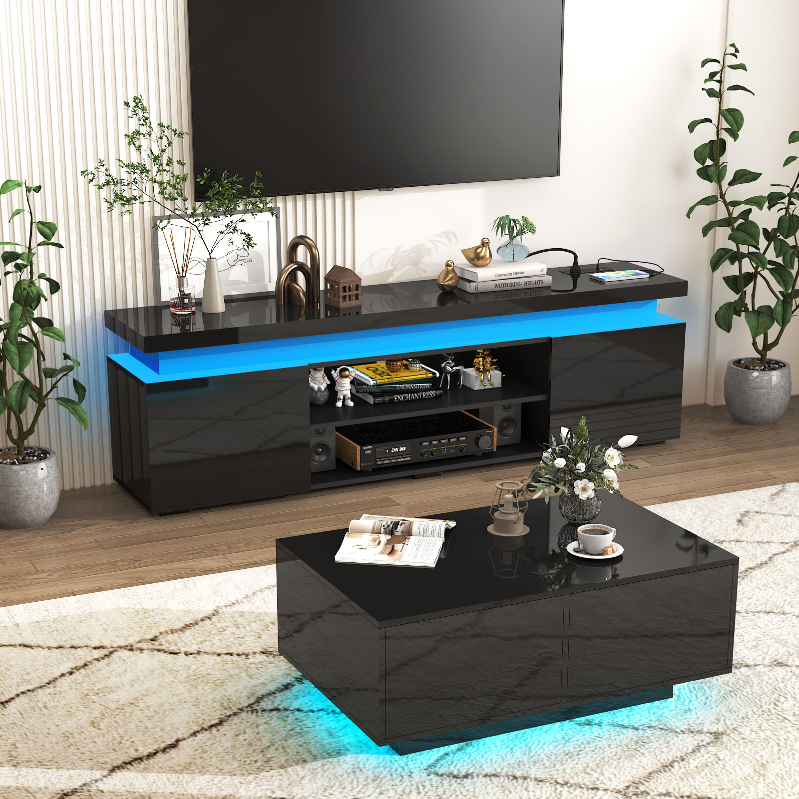 LED TV Stand with Power Outlets for TVs up to 75", High Gloss Media Console for PS5 Gaming Entertainment Center with Storage Cabinet