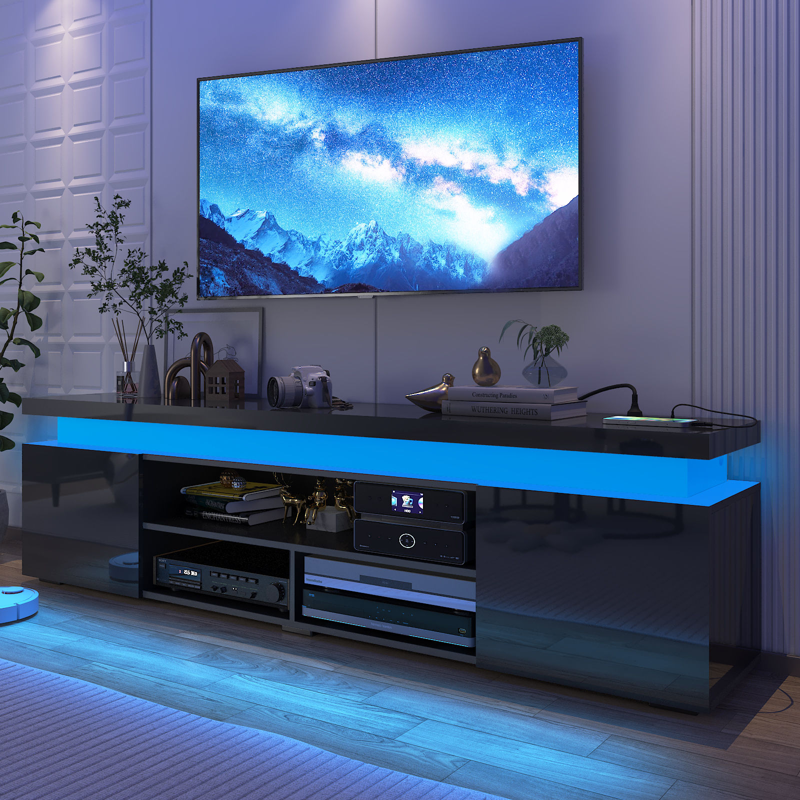LED TV Stand with Power Outlets for TVs up to 75", High Gloss Media Console for PS5 Gaming Entertainment Center with Storage Cabinet