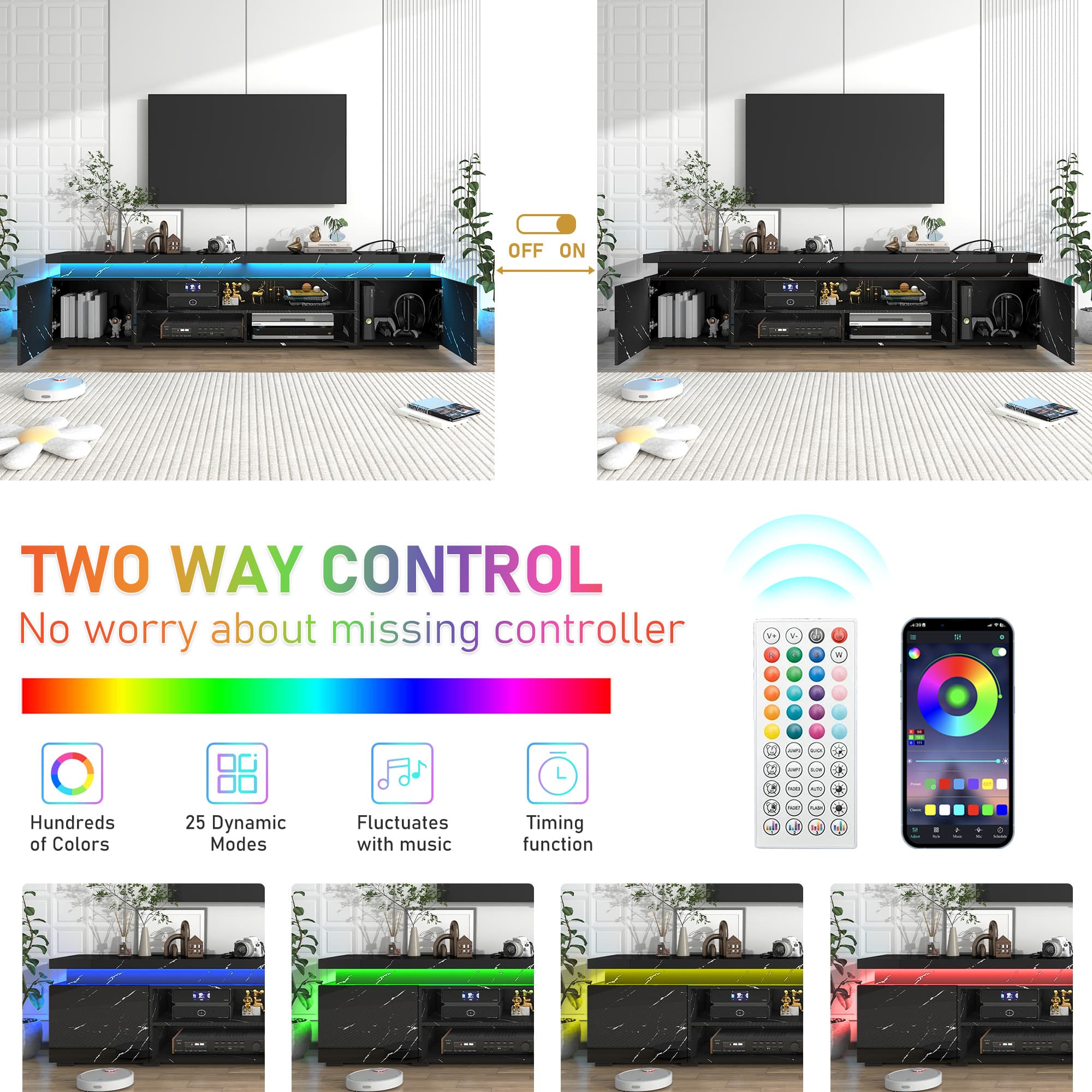 LED TV Stand for up to 70" -90" TVs, Marble Gloss