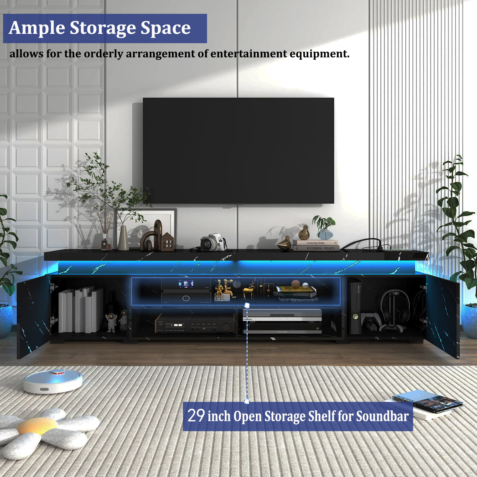 LED TV Stand for up to 70" -90" TVs, Marble Gloss