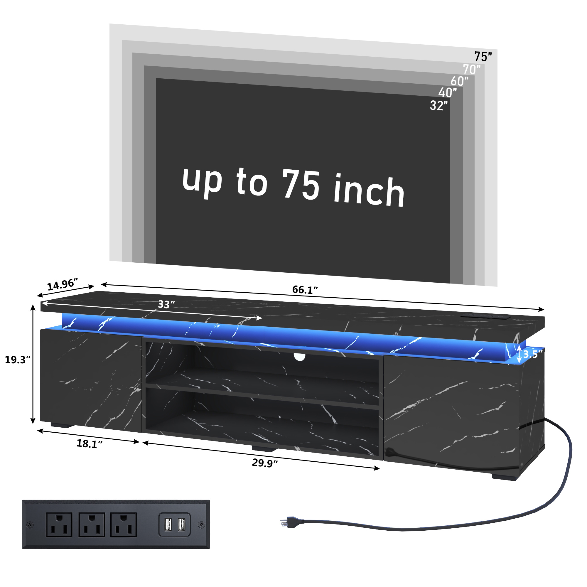 LED TV Stand for up to 70" -90" TVs, Marble Gloss