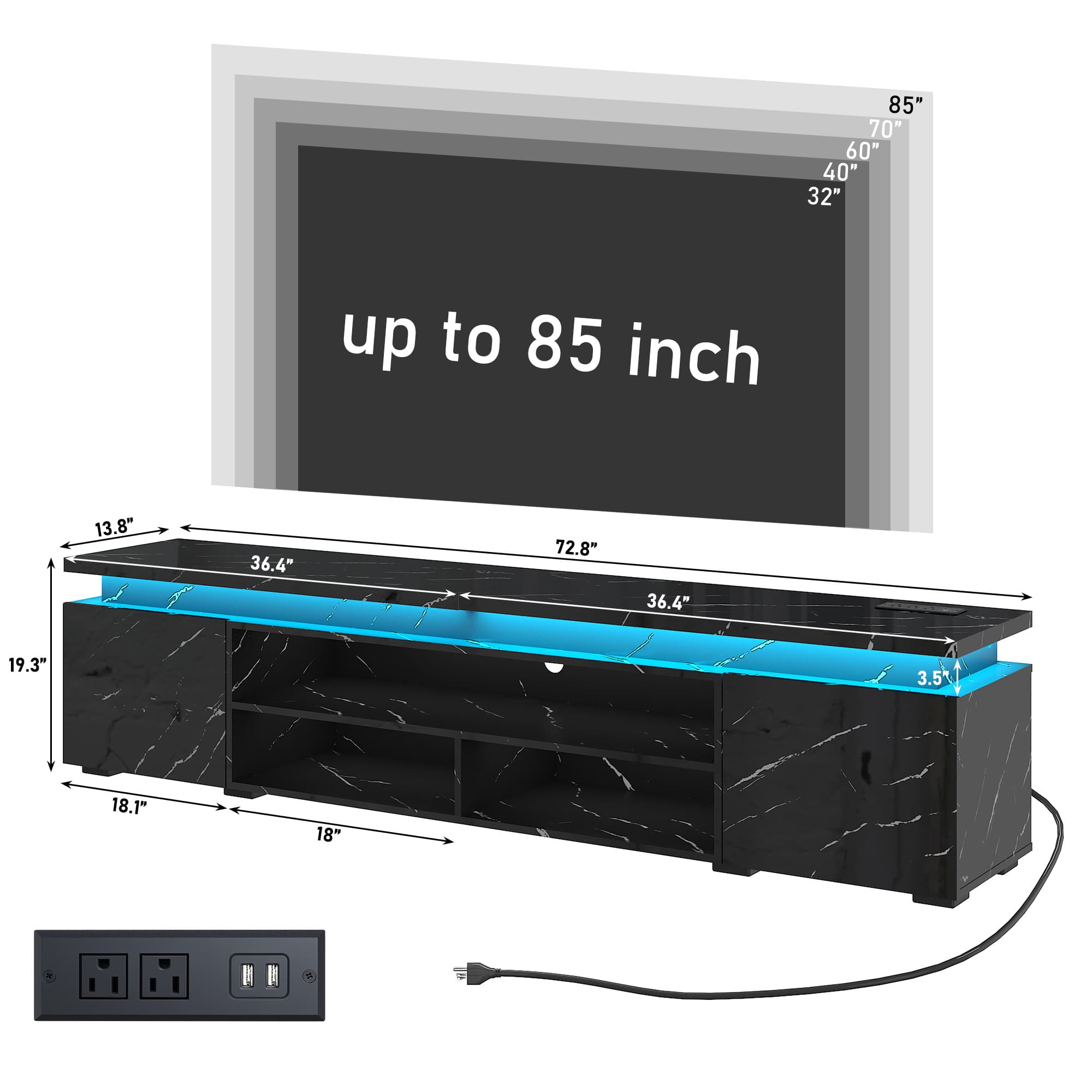 LED TV Stand for up to 70" -90" TVs, Marble Gloss