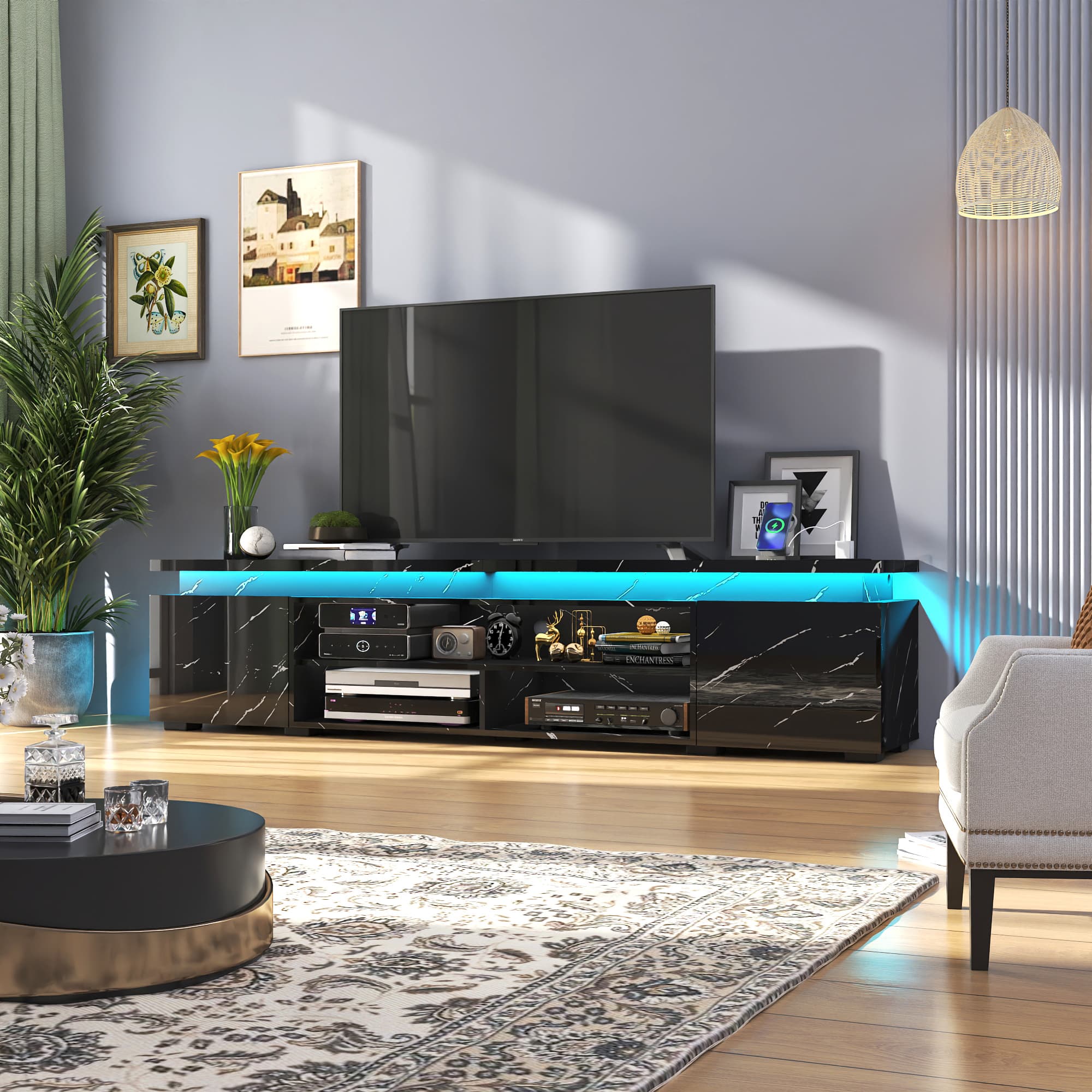 LED TV Stand for up to 70" -90" TVs, Marble Gloss