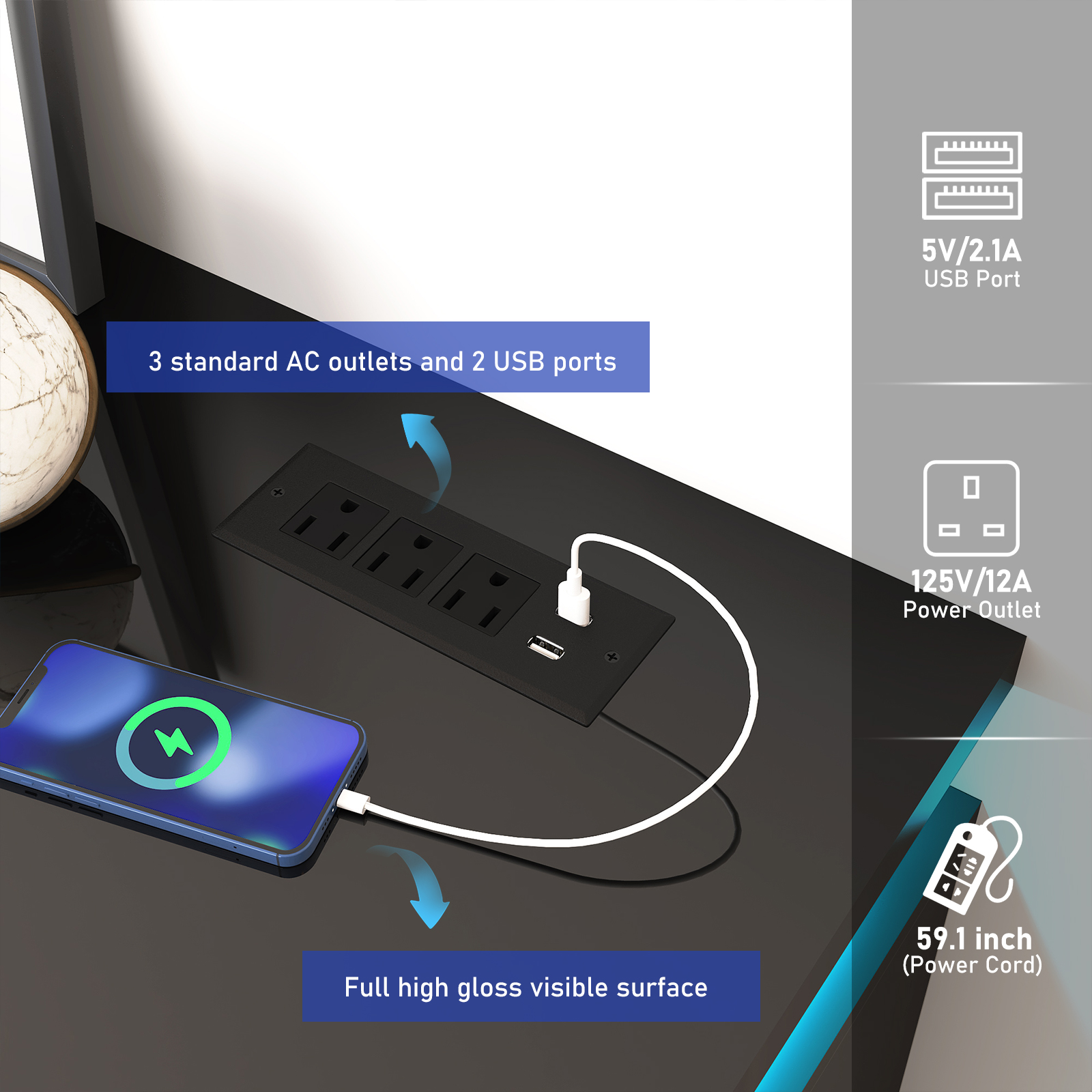 LED TV Stand for up to 95" TVs with Power Outlet, 80" Large Entertainment Center Console Table Gaming Soundbar Shelf for Living Room
