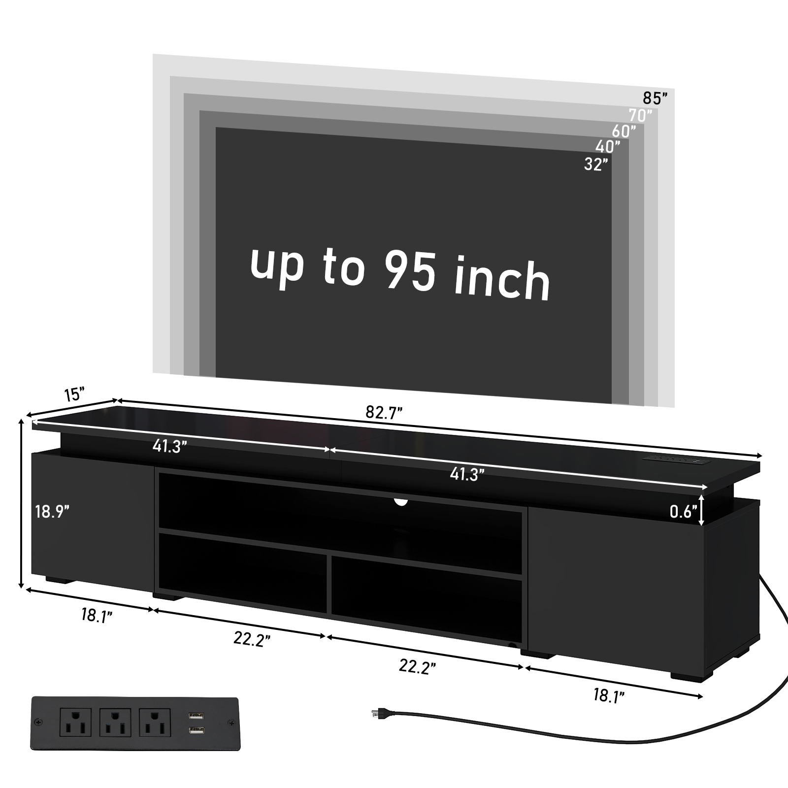 LED TV Stand for up to 95" TVs with Power Outlet, 80" Large Entertainment Center Console Table Gaming Soundbar Shelf for Living Room