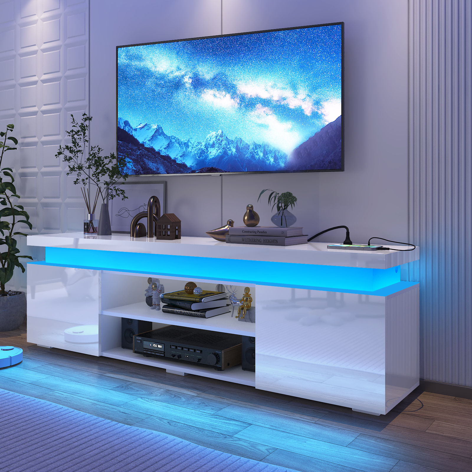 LED TV Stand with Power Outlets for TVs up to 75", High Gloss Media Console for PS5 Gaming Entertainment Center with Storage Cabinet