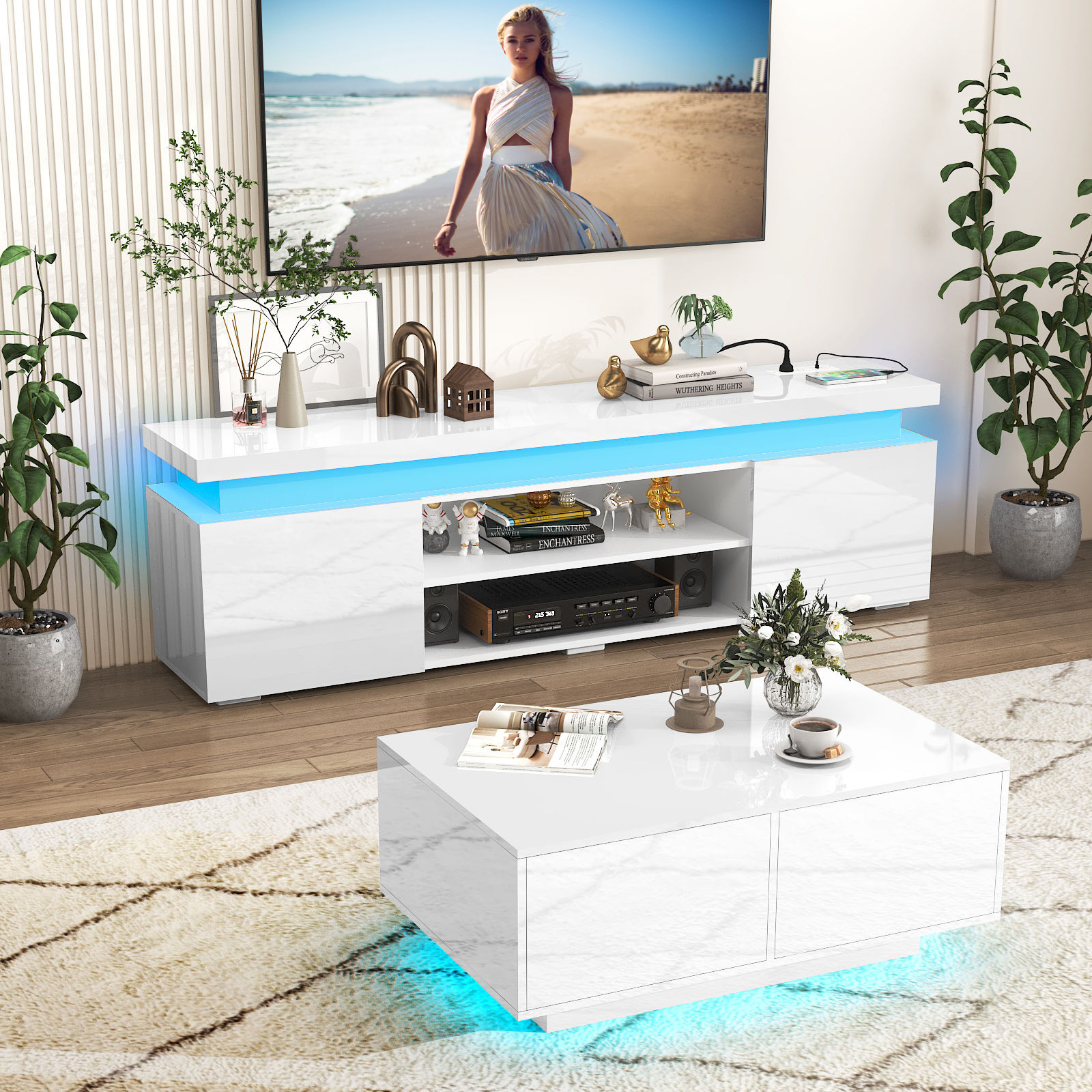 LED TV Stand with Power Outlets for TVs up to 75", High Gloss Media Console for PS5 Gaming Entertainment Center with Storage Cabinet