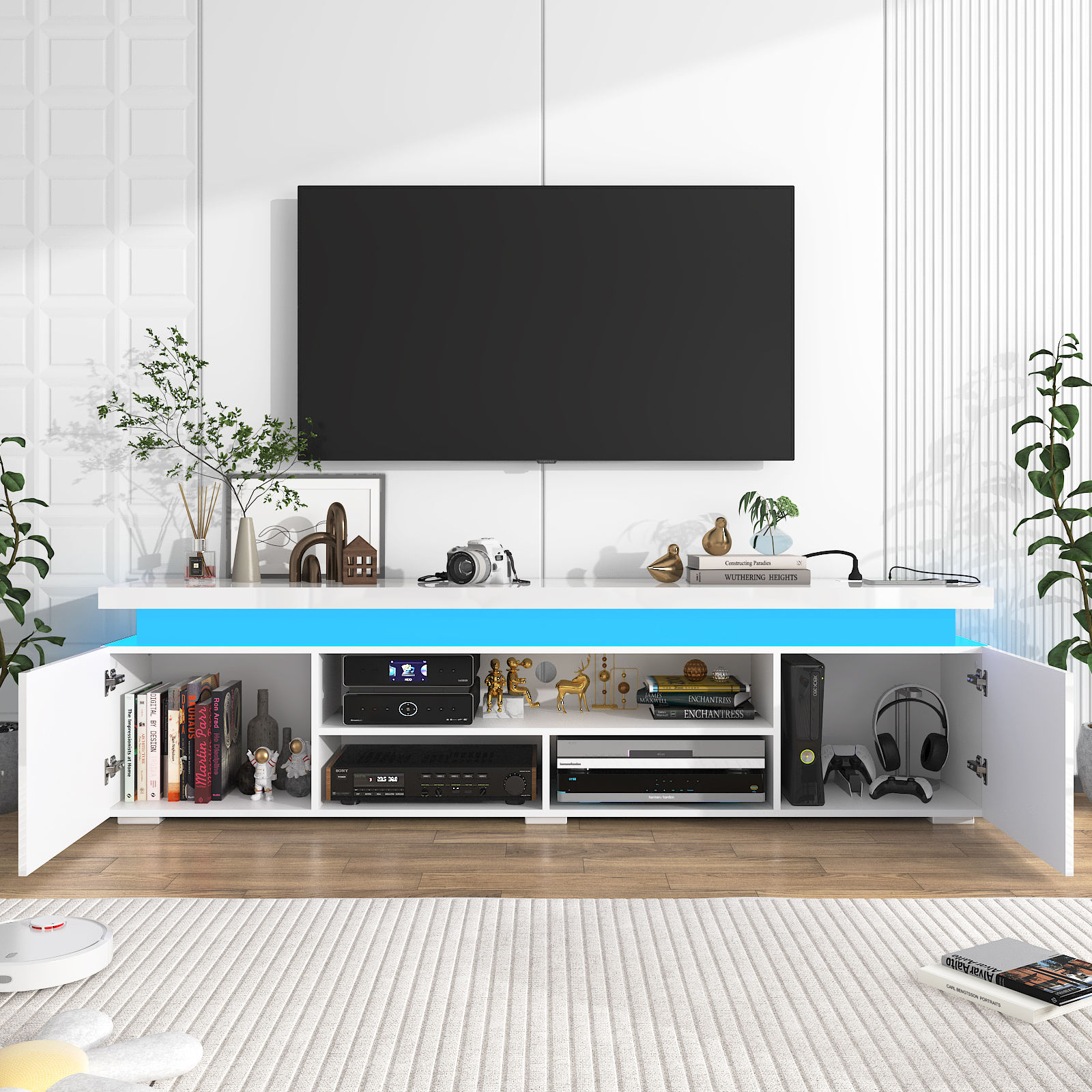 LED TV Stand with Power Outlets for TVs up to 75", High Gloss Media Console for PS5 Gaming Entertainment Center with Storage Cabinet