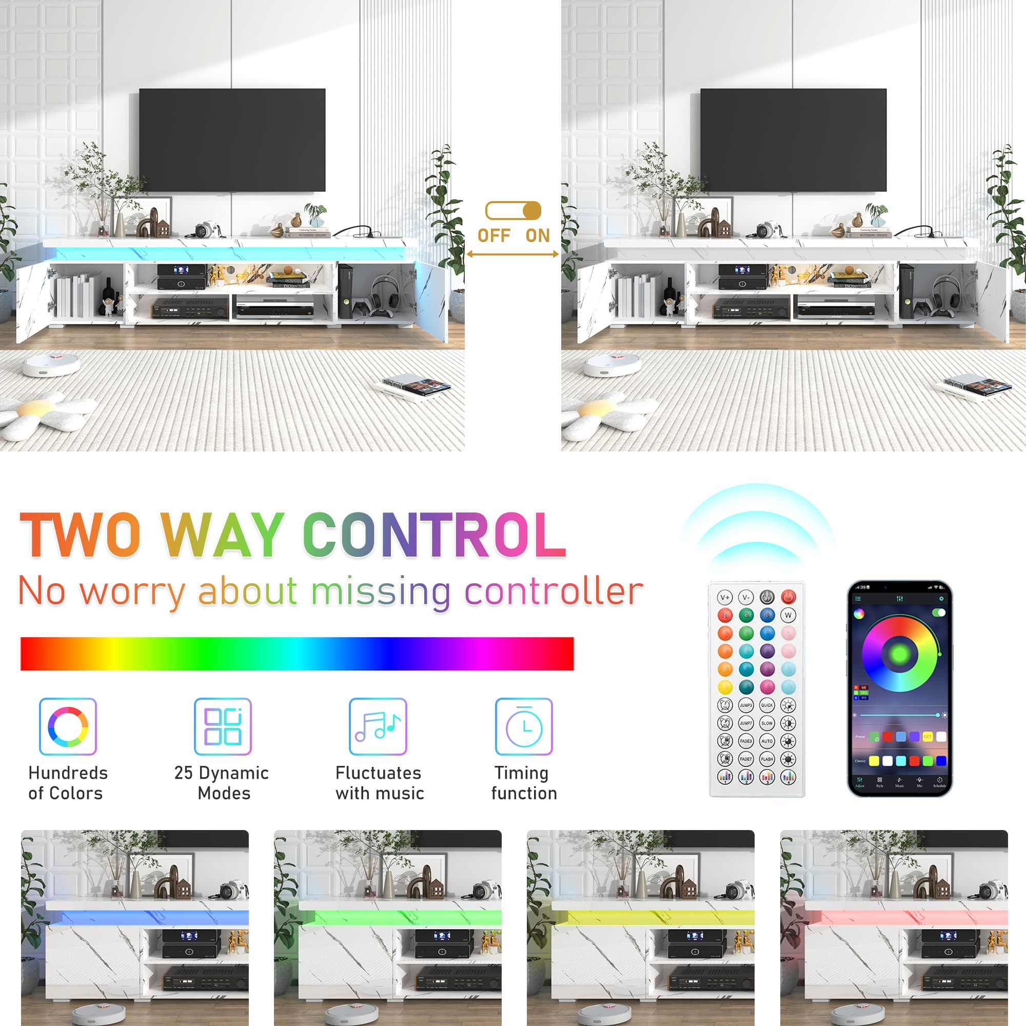 LED TV Stand for up to 70" -90" TVs, Marble Gloss