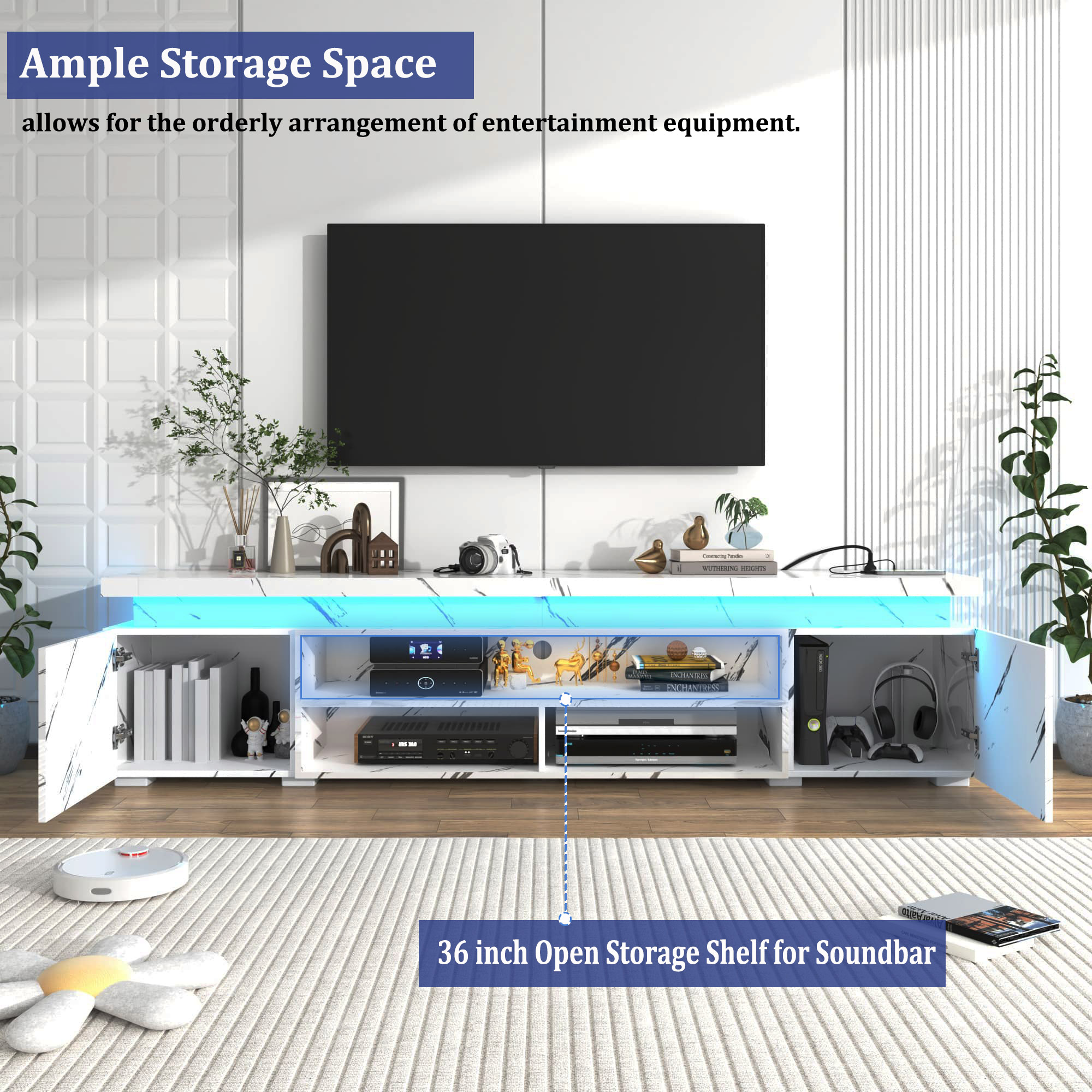 LED TV Stand for up to 70" -90" TVs, Marble Gloss