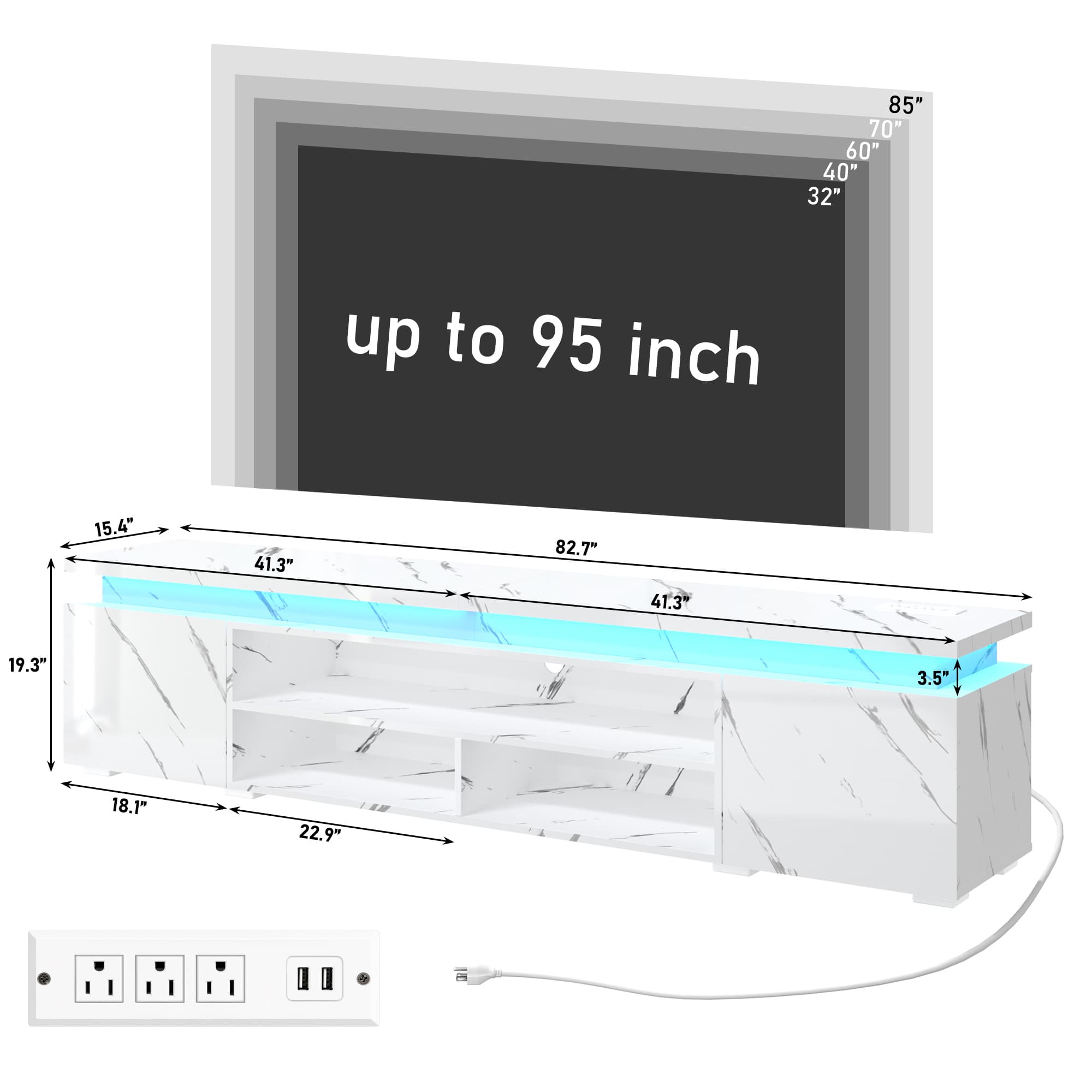 LED TV Stand for up to 70" -90" TVs, Marble Gloss