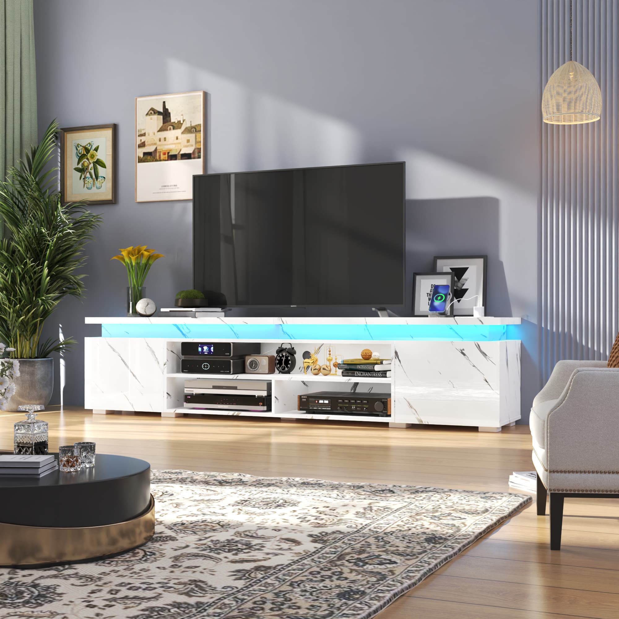 LED TV Stand for up to 70" -90" TVs, Marble Gloss