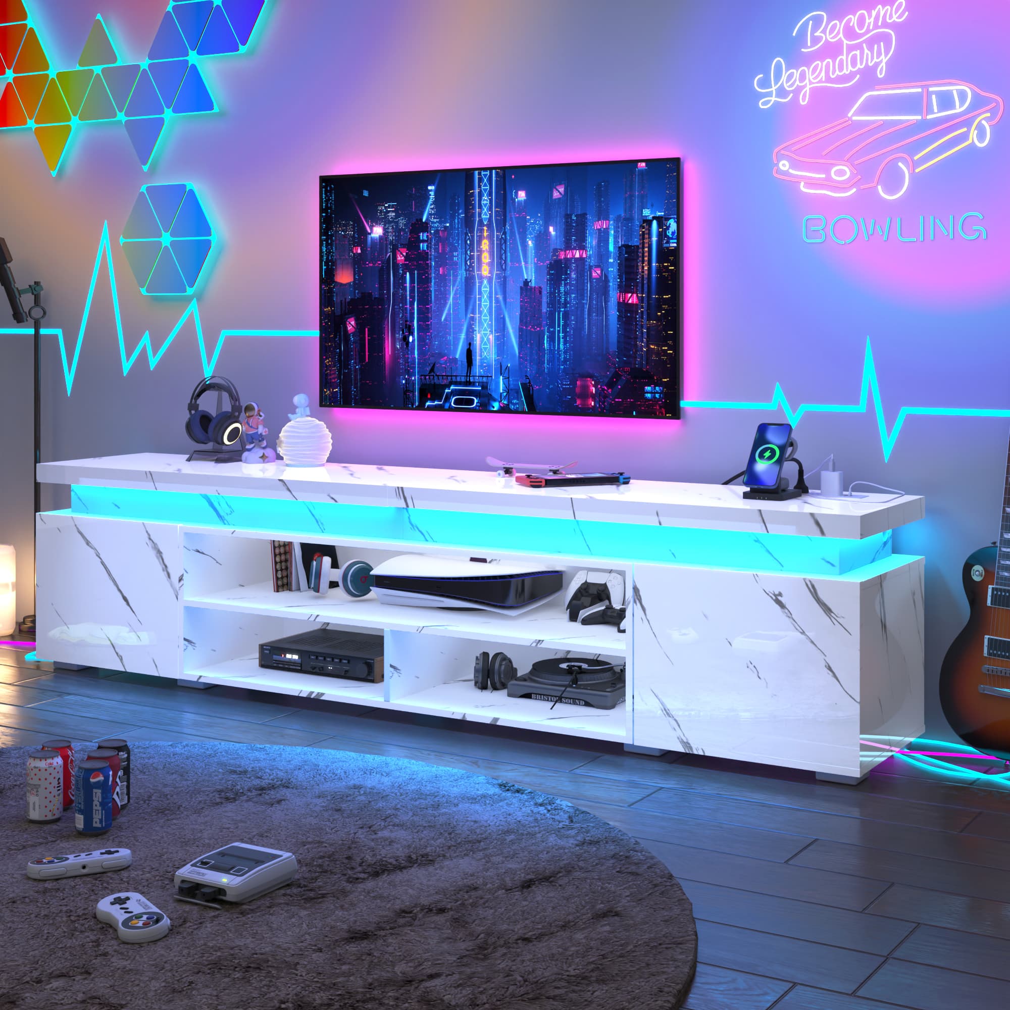LED TV Stand for up to 70" -90" TVs, Marble Gloss