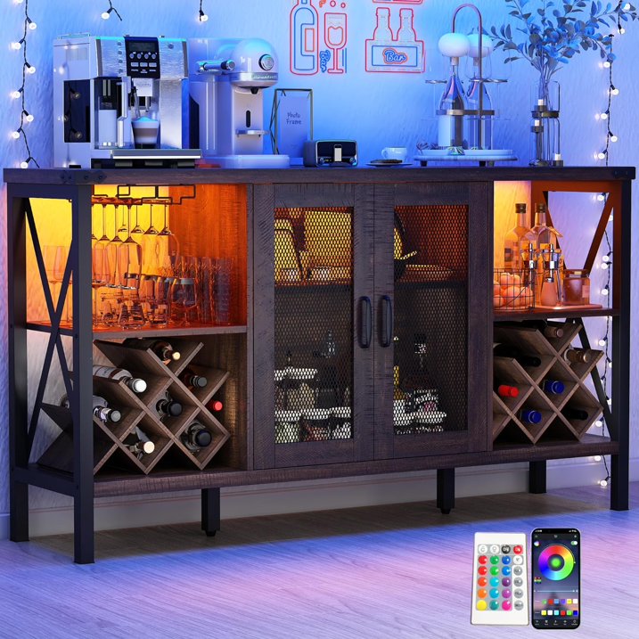 ChVans 55" Industrial LED Coffee Bar Cabine, Outlet & 16,000 Color Lights, Rustic Liquor Coffee Bar Removable Wine Rack, Bar Cabinets Drawer for Living Room Kitchen Dining Room