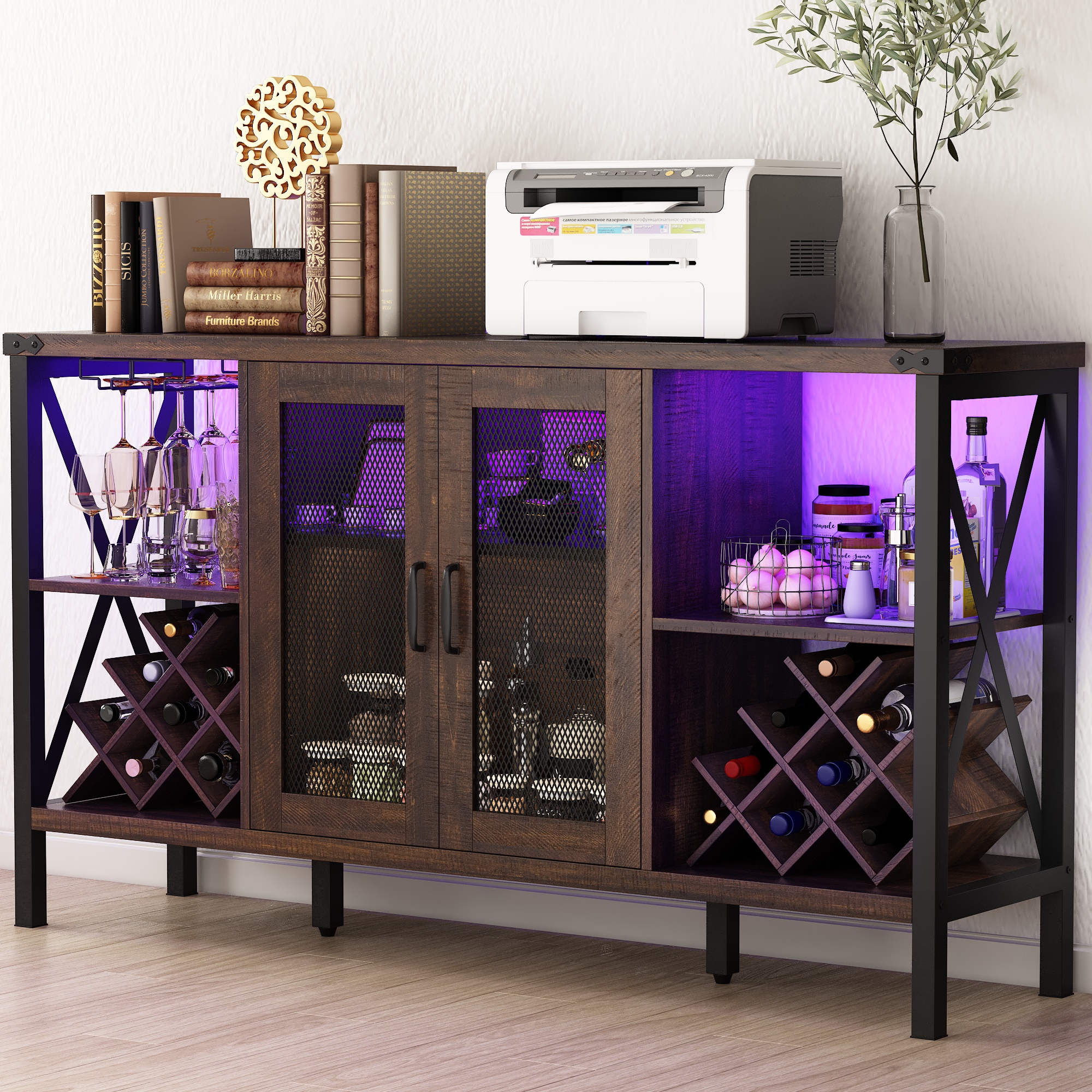 ChVans 55" Industrial LED Coffee Bar Cabine, Outlet & 16,000 Color Lights, Rustic Liquor Coffee Bar Removable Wine Rack, Bar Cabinets Drawer for Living Room Kitchen Dining Room