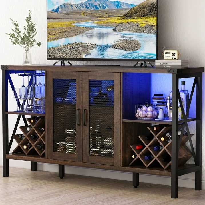 ChVans 55" Industrial LED Coffee Bar Cabine, Outlet & 16,000 Color Lights, Rustic Liquor Coffee Bar Removable Wine Rack, Bar Cabinets Drawer for Living Room Kitchen Dining Room