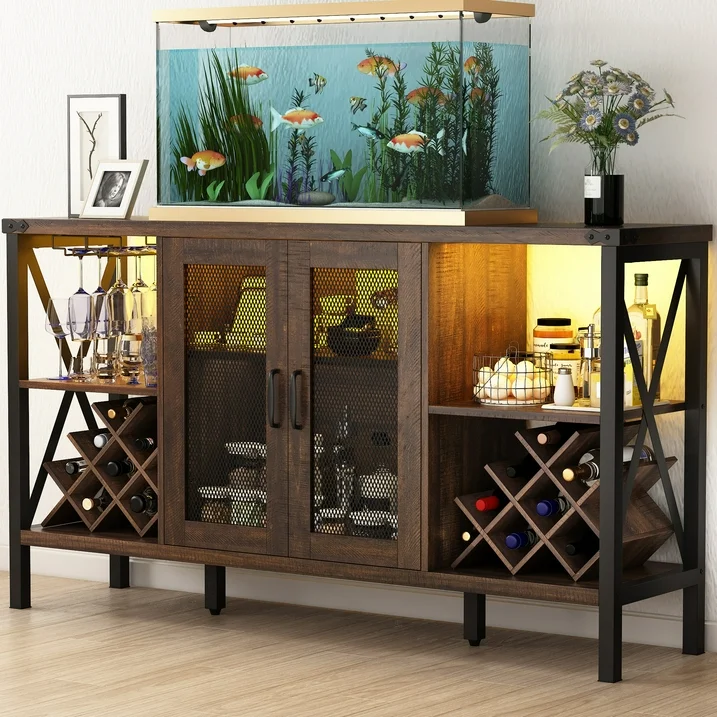 ChVans 55" Industrial LED Coffee Bar Cabine, Outlet & 16,000 Color Lights, Rustic Liquor Coffee Bar Removable Wine Rack, Bar Cabinets Drawer for Living Room Kitchen Dining Room