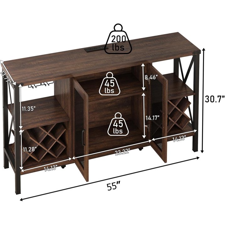 ChVans 55" Industrial LED Coffee Bar Cabine, Outlet & 16,000 Color Lights, Rustic Liquor Coffee Bar Removable Wine Rack, Bar Cabinets Drawer for Living Room Kitchen Dining Room