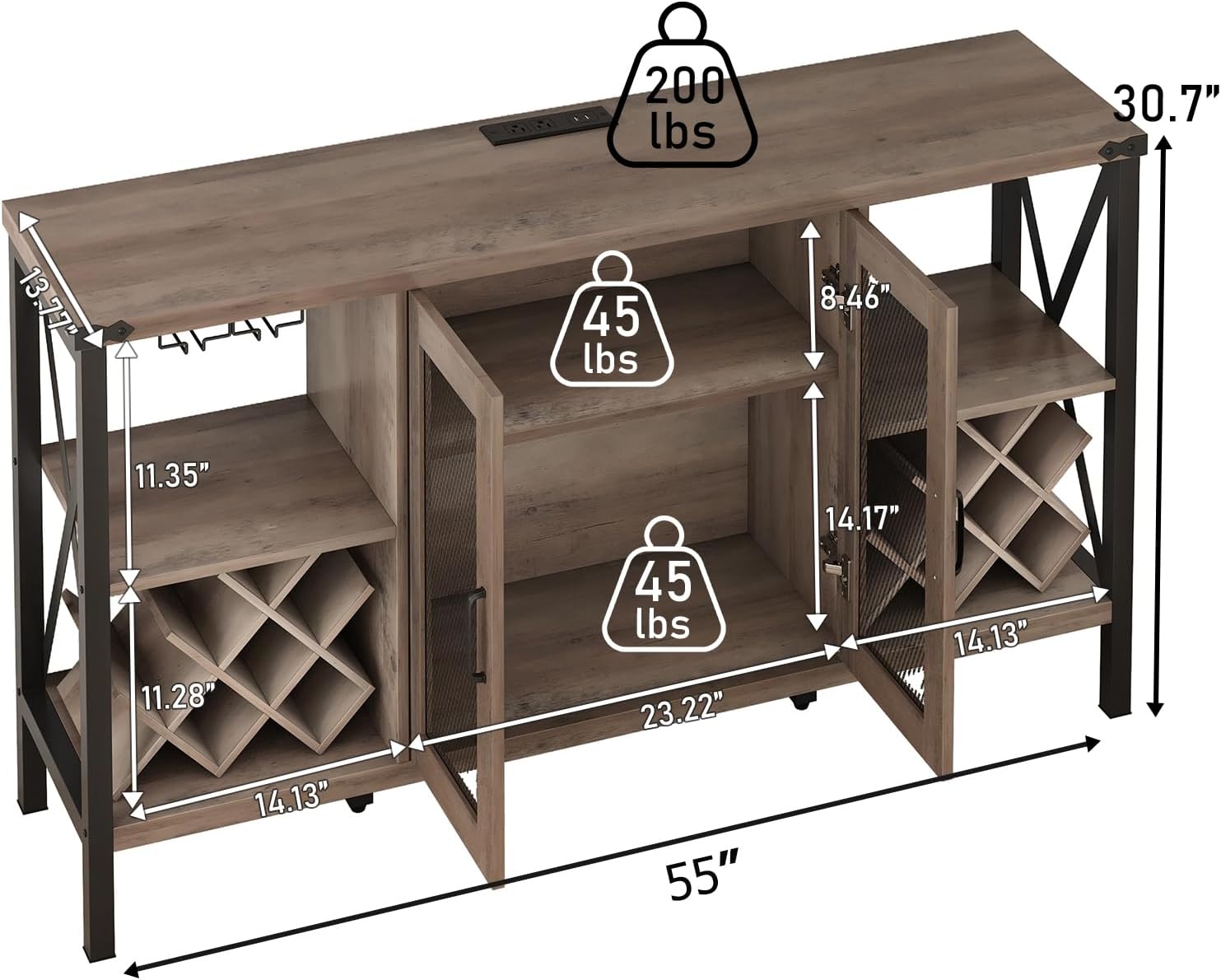 ChVans 55" Industrial LED Coffee Bar Cabine, Outlet & 16,000 Color Lights, Rustic Liquor Coffee Bar Removable Wine Rack, Bar Cabinets Drawer for Living Room Kitchen Dining Room