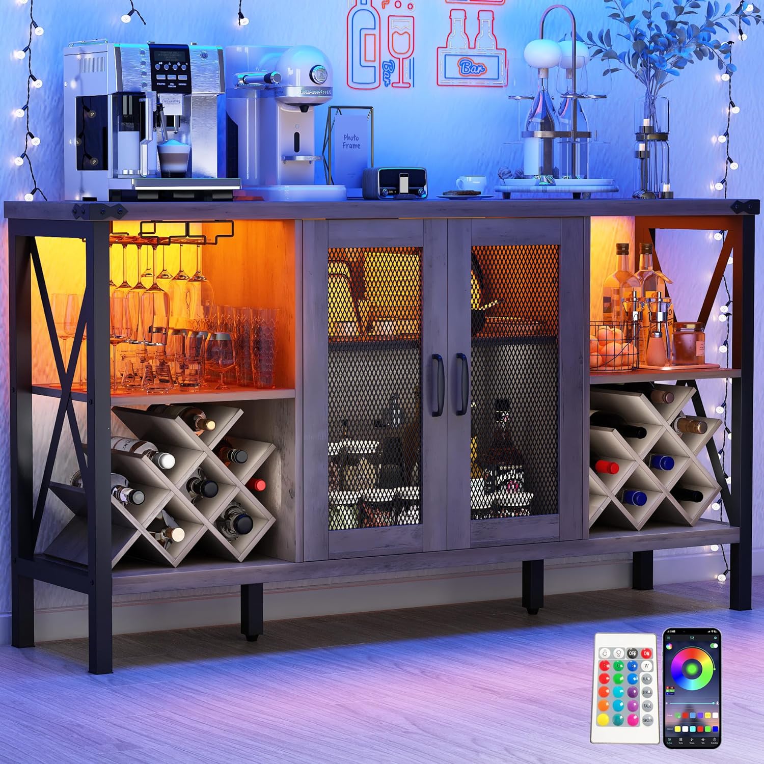 ChVans 55" Industrial LED Coffee Bar Cabine, Outlet & 16,000 Color Lights, Rustic Liquor Coffee Bar Removable Wine Rack, Bar Cabinets Drawer for Living Room Kitchen Dining Room