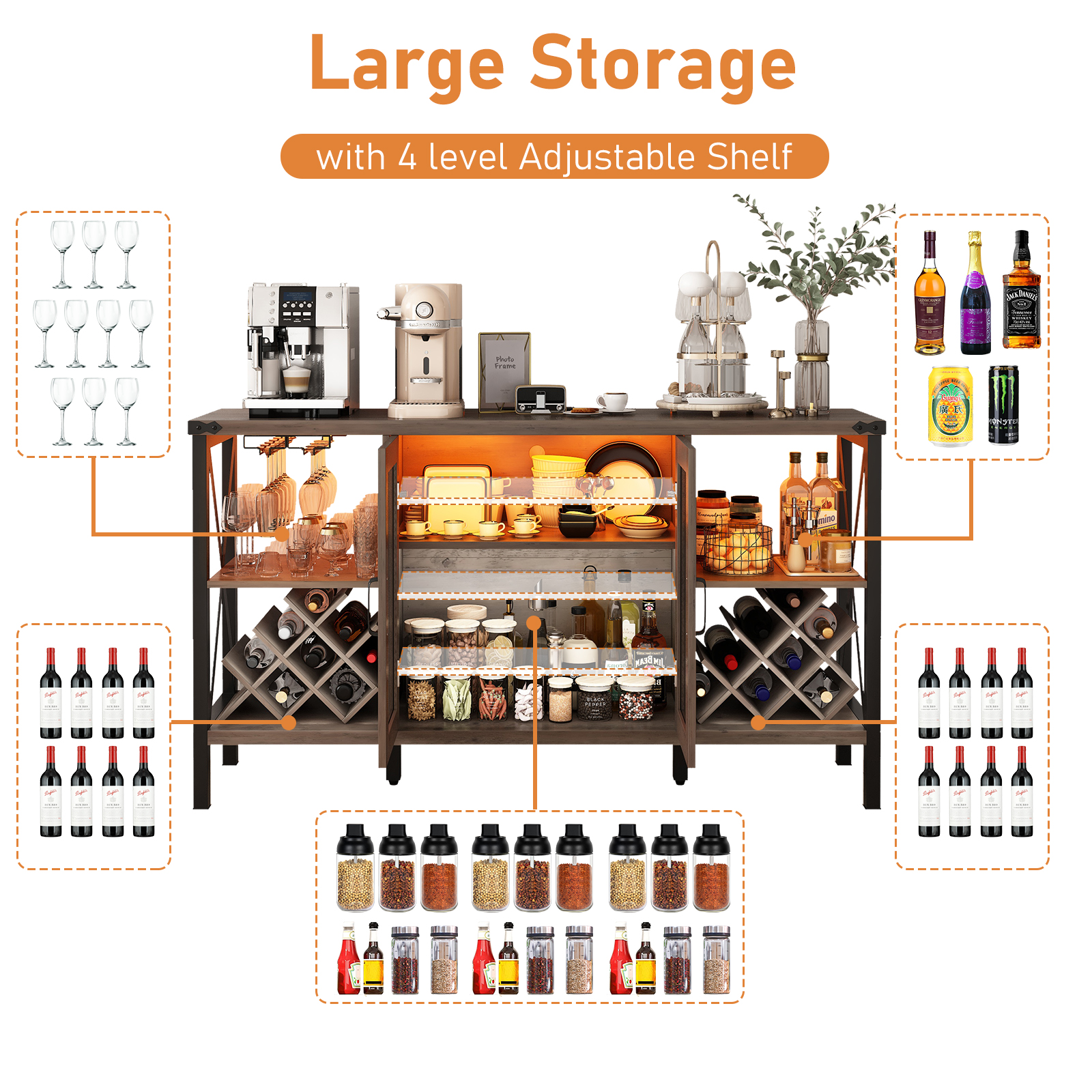 ChVans 55" Industrial LED Coffee Bar Cabine, Outlet & 16,000 Color Lights, Rustic Liquor Coffee Bar Removable Wine Rack, Bar Cabinets Drawer for Living Room Kitchen Dining Room