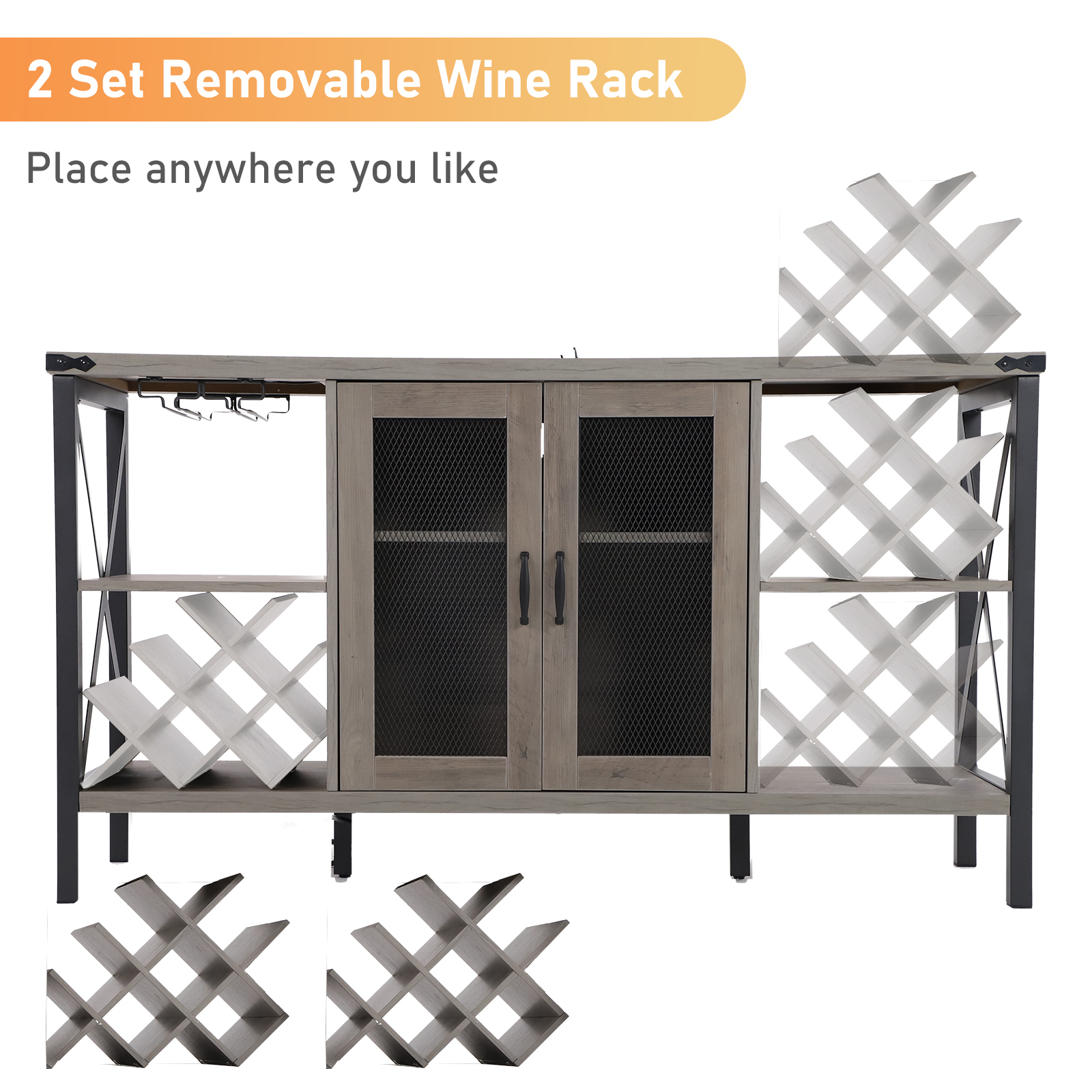 ChVans 55" Industrial LED Coffee Bar Cabine, Outlet & 16,000 Color Lights, Rustic Liquor Coffee Bar Removable Wine Rack, Bar Cabinets Drawer for Living Room Kitchen Dining Room