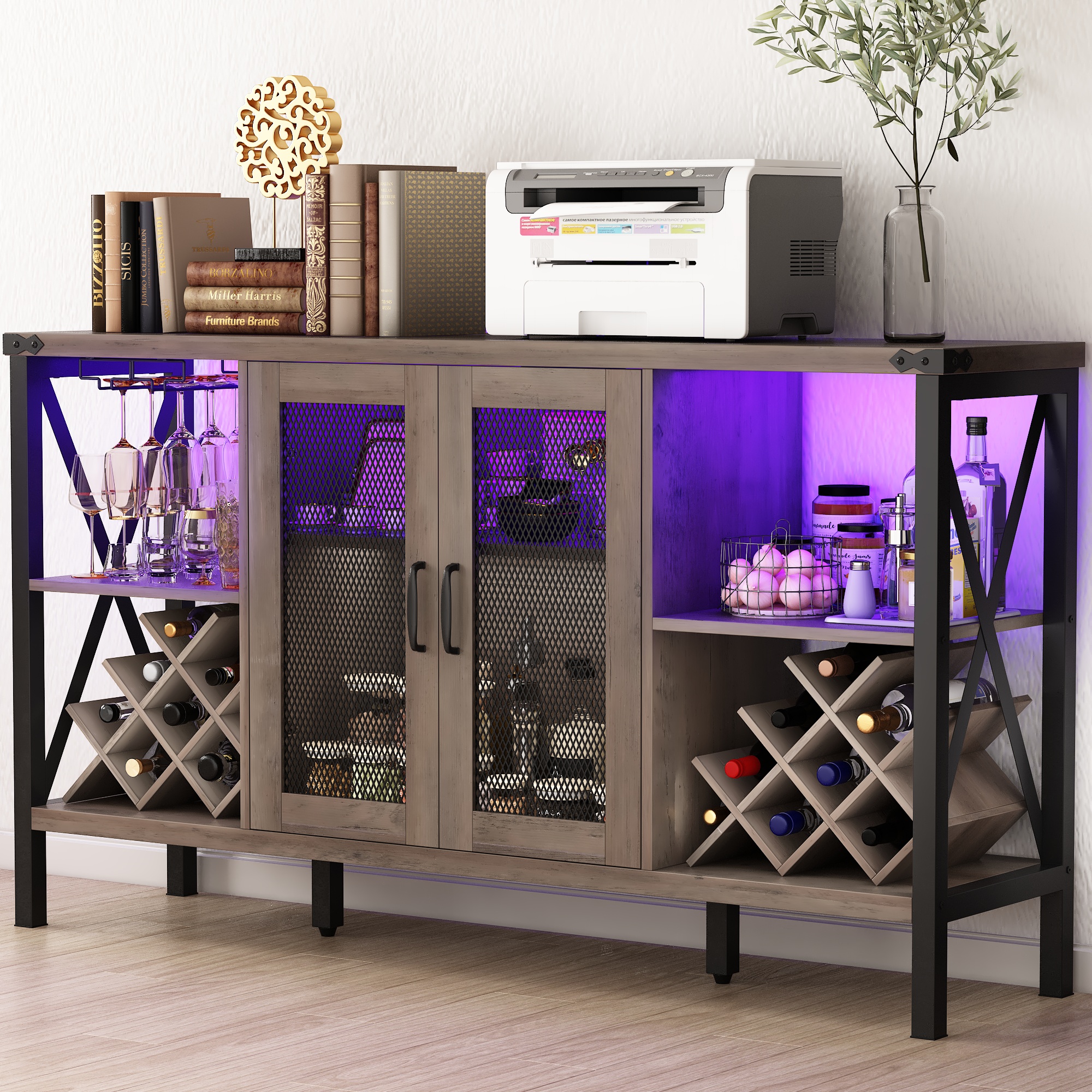 ChVans 55" Industrial LED Coffee Bar Cabine, Outlet & 16,000 Color Lights, Rustic Liquor Coffee Bar Removable Wine Rack, Bar Cabinets Drawer for Living Room Kitchen Dining Room