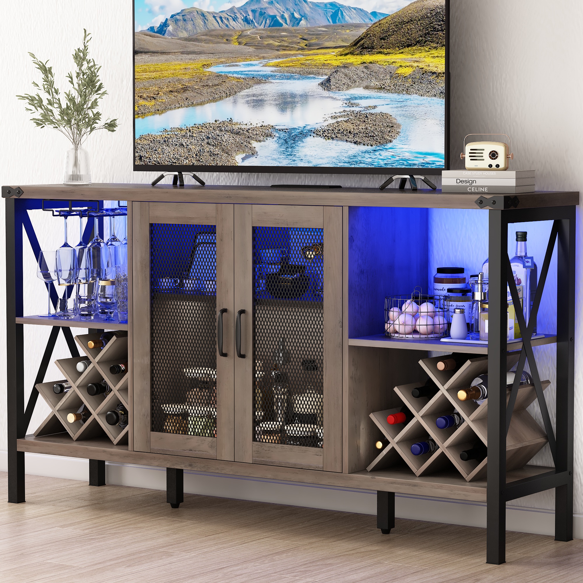 ChVans 55" Industrial LED Coffee Bar Cabine, Outlet & 16,000 Color Lights, Rustic Liquor Coffee Bar Removable Wine Rack, Bar Cabinets Drawer for Living Room Kitchen Dining Room