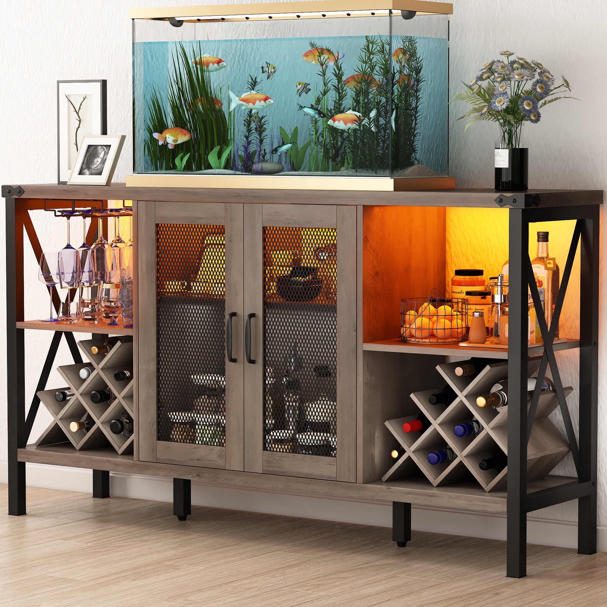 ChVans 55" Industrial LED Coffee Bar Cabine, Outlet & 16,000 Color Lights, Rustic Liquor Coffee Bar Removable Wine Rack, Bar Cabinets Drawer for Living Room Kitchen Dining Room