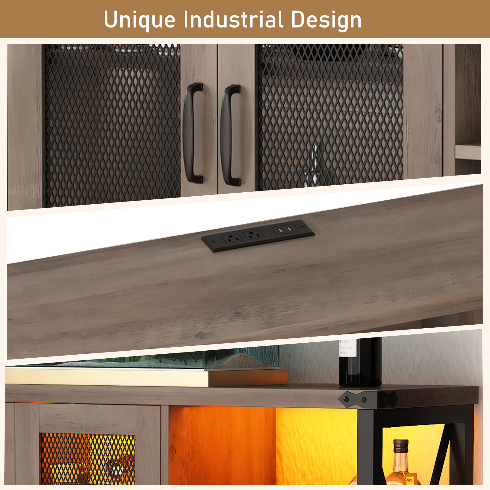 ChVans 55" Industrial LED Coffee Bar Cabine, Outlet & 16,000 Color Lights, Rustic Liquor Coffee Bar Removable Wine Rack, Bar Cabinets Drawer for Living Room Kitchen Dining Room