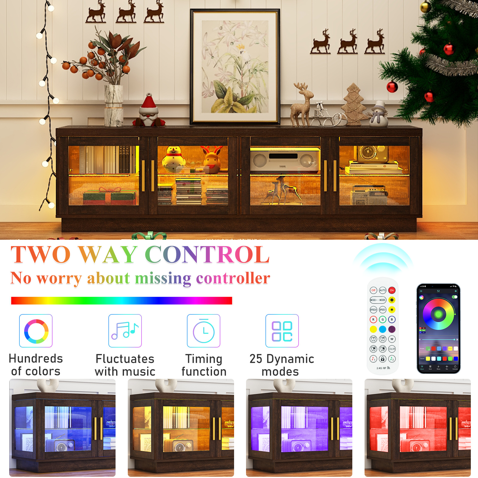 ChVans 71" LED TV Stand for 85/80/75inch TV, Wood Farmhouse TV Stand, Gaming Entertainment Center with Storage Cabinet, Modern Glass TV Stands for Living Room, Bedroom (Brown)