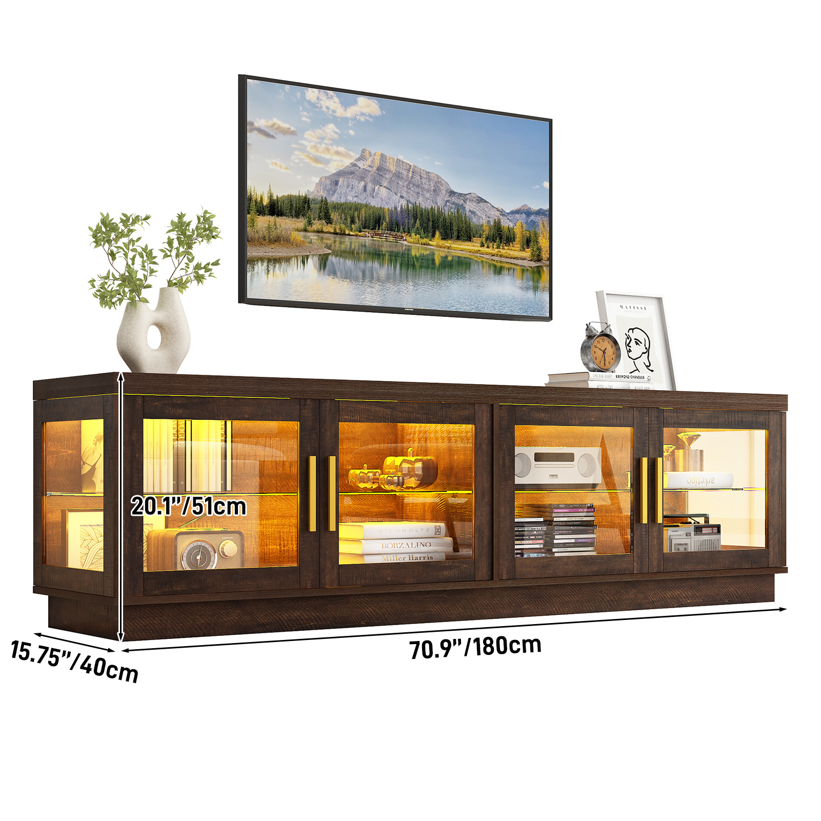 ChVans 71" LED TV Stand for 85/80/75inch TV, Wood Farmhouse TV Stand, Gaming Entertainment Center with Storage Cabinet, Modern Glass TV Stands for Living Room, Bedroom (Brown)