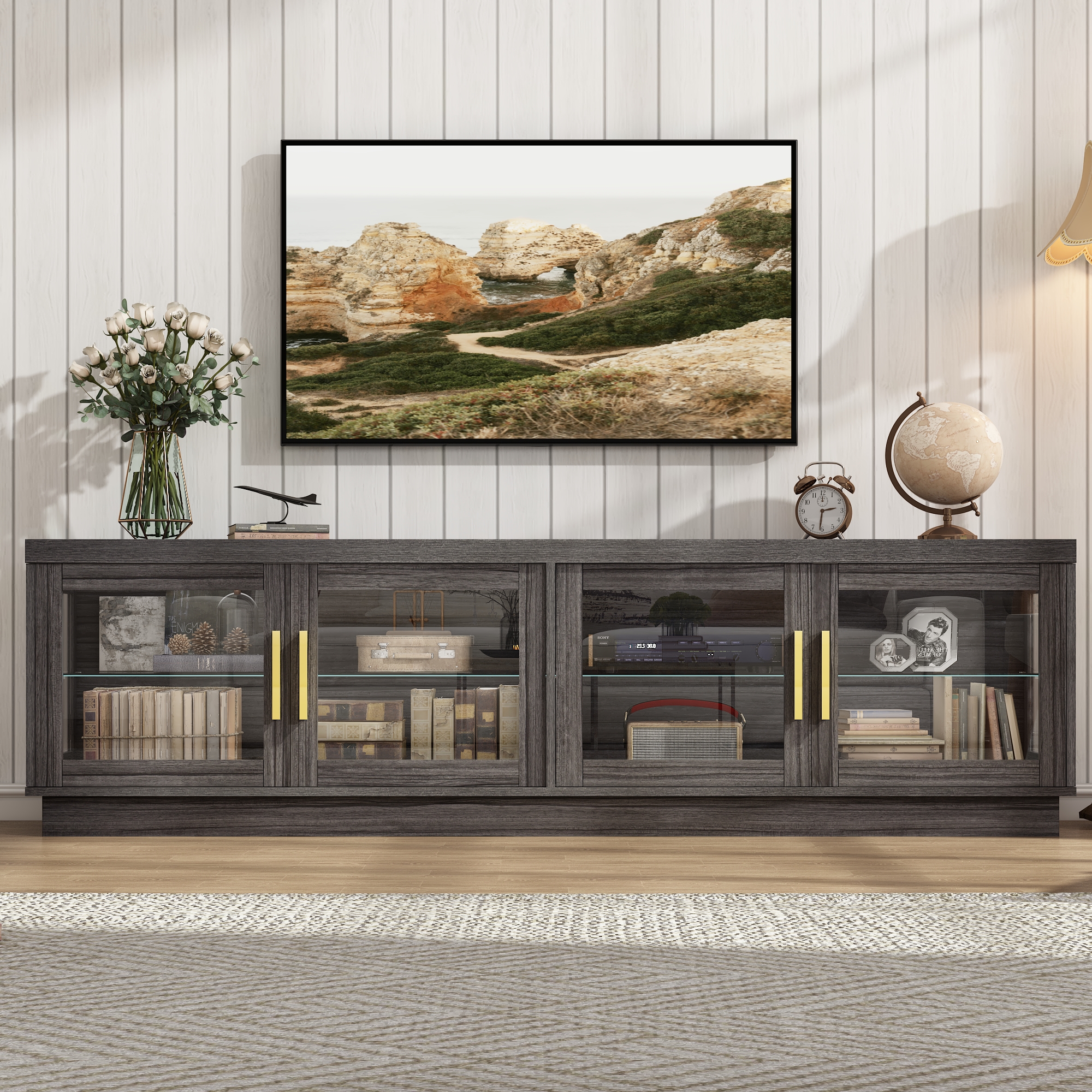 ChVans 70" LED TV Stand for TVs up to 85", Farmhouse TV Stand, Home Entertainment Center with Storage Cabinet, TV Consoles for Living Room