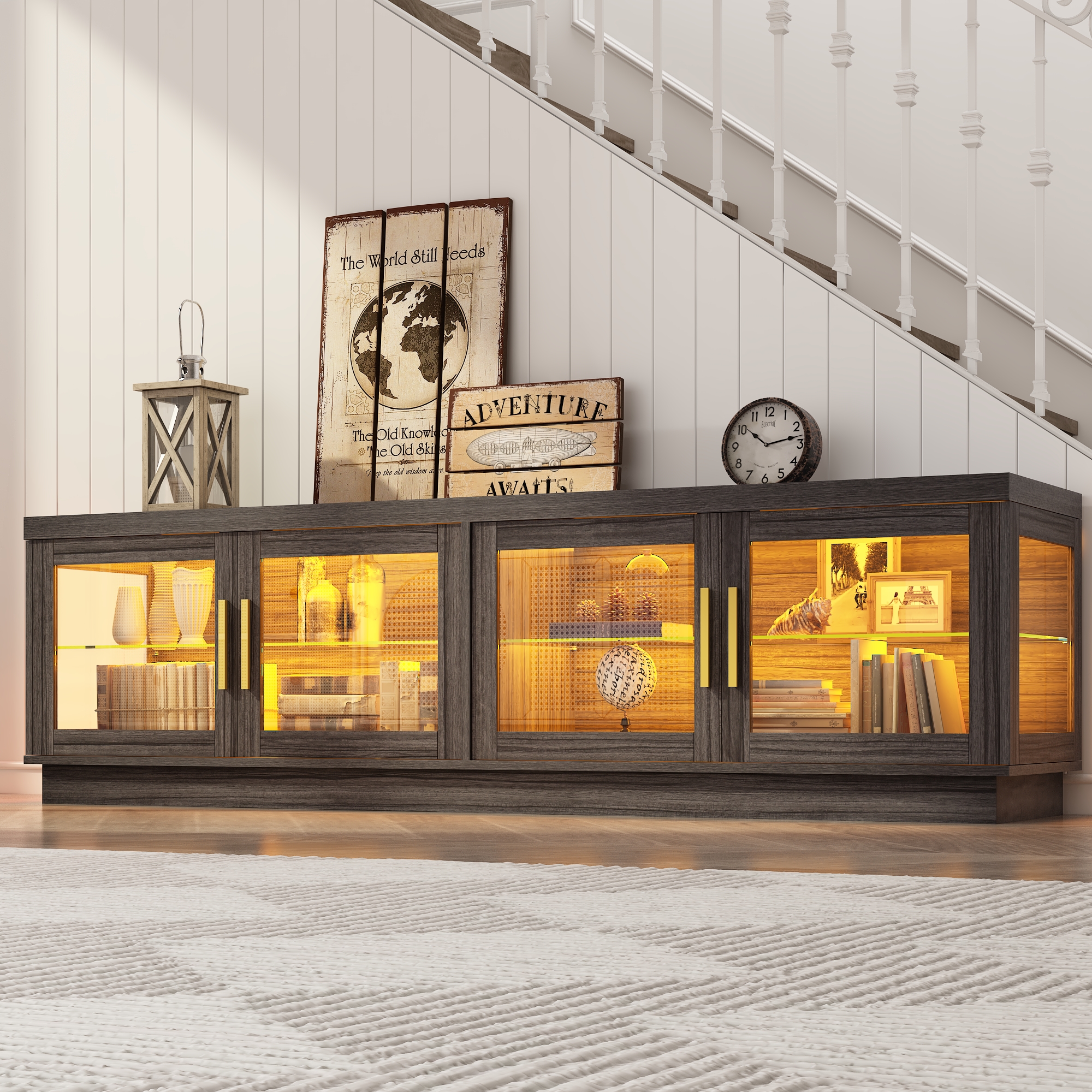 ChVans 70" LED TV Stand for TVs up to 85", Farmhouse TV Stand, Home Entertainment Center with Storage Cabinet, TV Consoles for Living Room