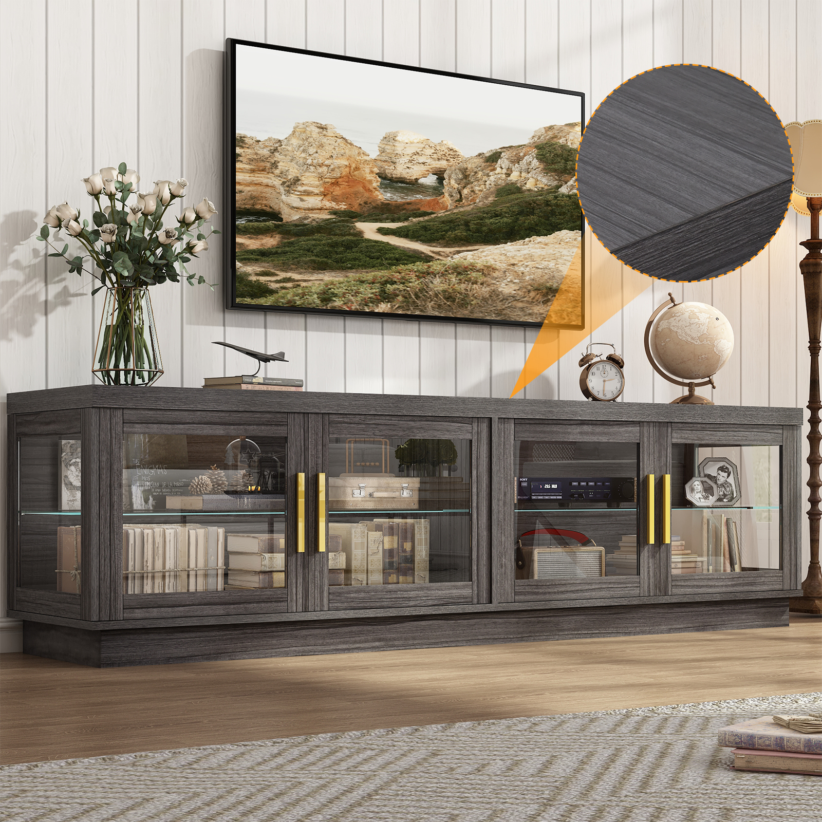 ChVans 70" LED TV Stand for TVs up to 85", Farmhouse TV Stand, Home Entertainment Center with Storage Cabinet, TV Consoles for Living Room