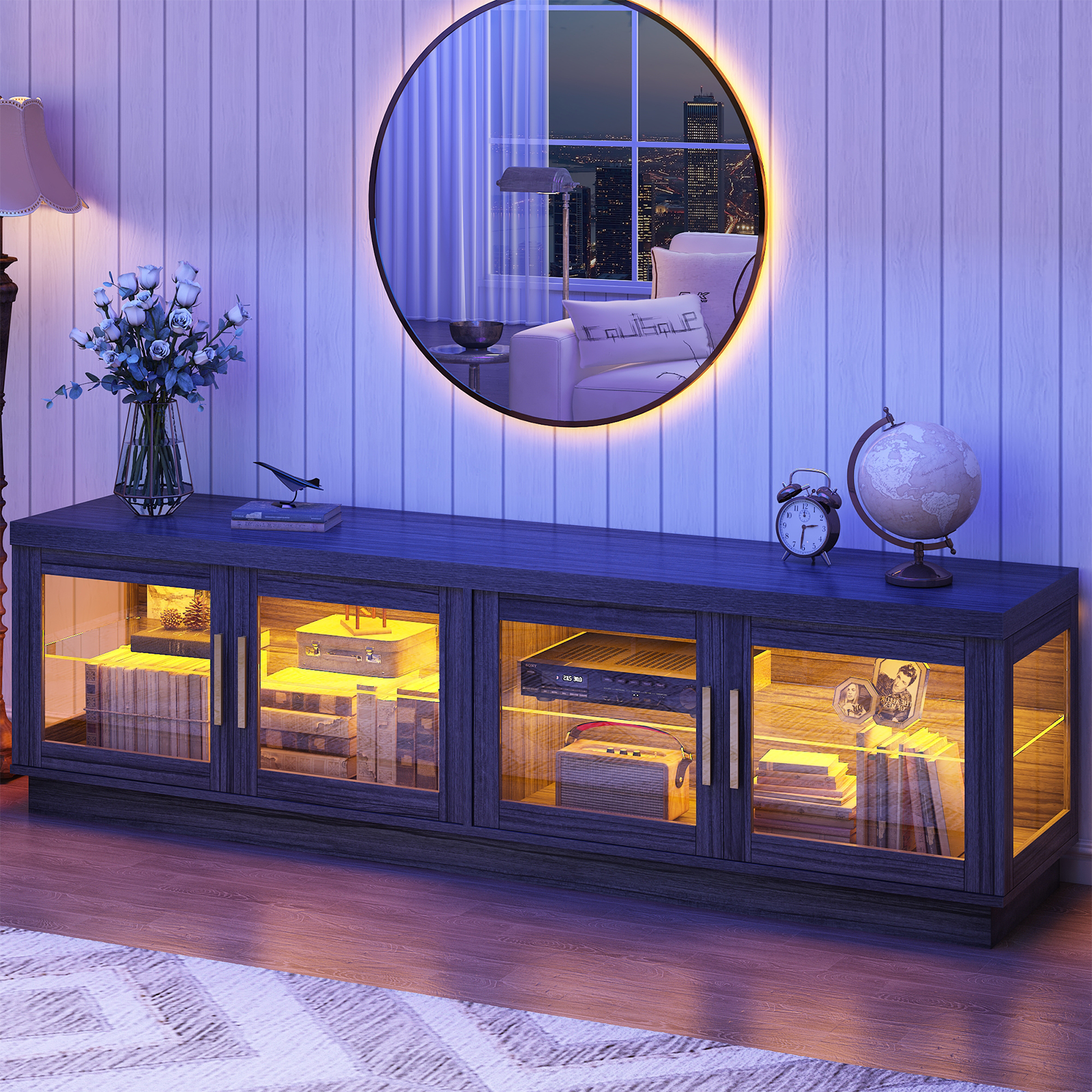 ChVans 70" LED TV Stand for TVs up to 85", Farmhouse TV Stand, Home Entertainment Center with Storage Cabinet, TV Consoles for Living Room