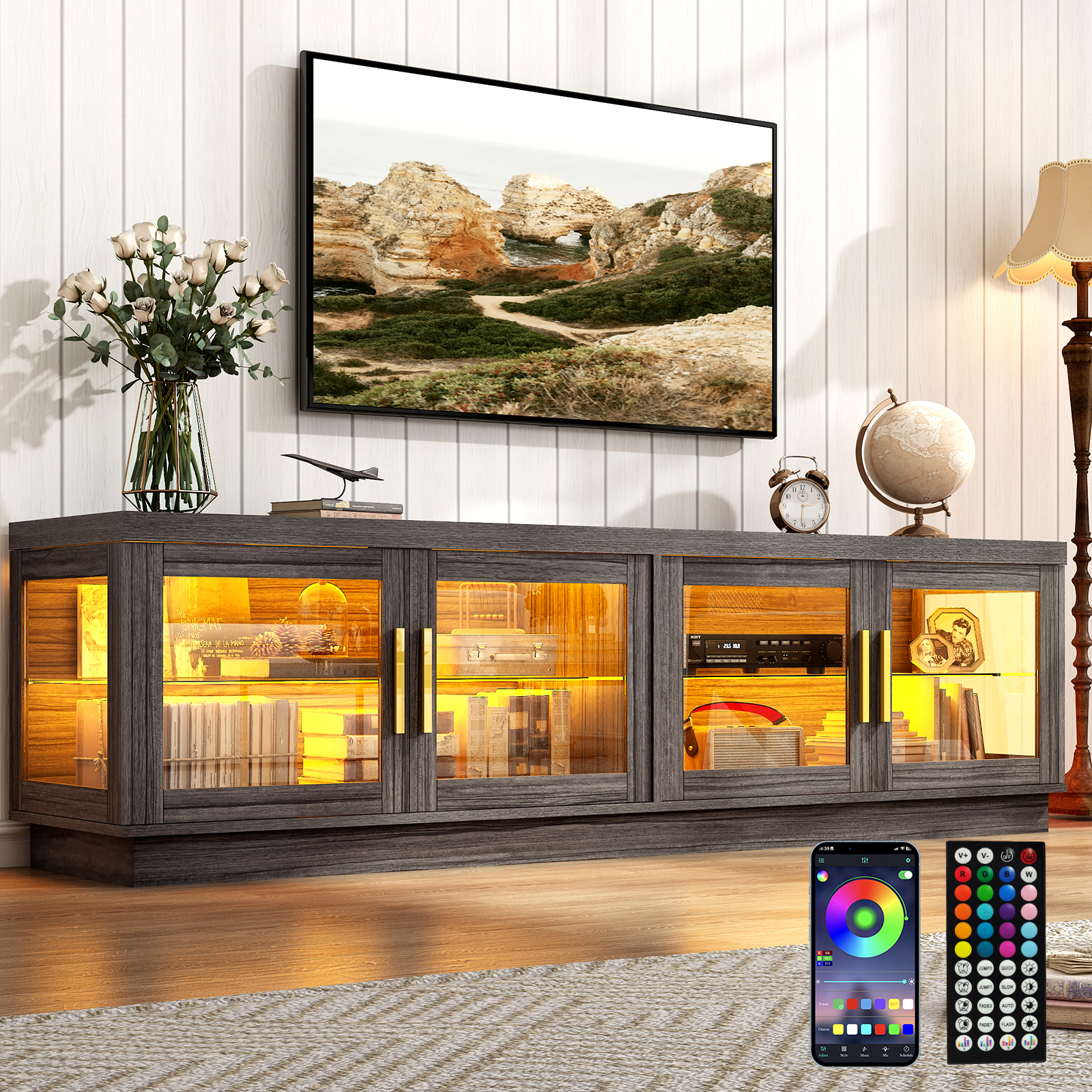 ChVans 70" LED TV Stand for TVs up to 85", Farmhouse TV Stand, Home Entertainment Center with Storage Cabinet, TV Consoles for Living Room